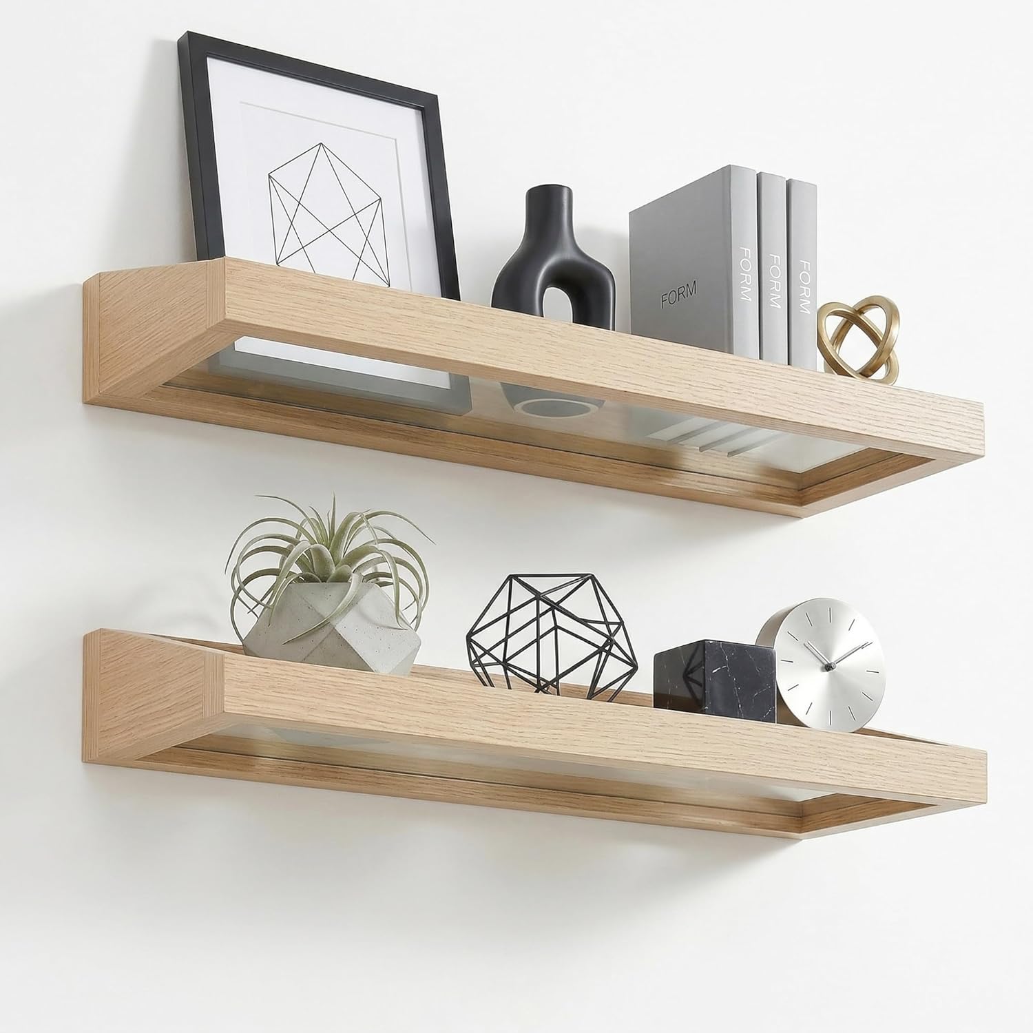 Floating Shelves Set of 2, Wall Mounted Wood and Acrylic Shelves for Bathroom Storage Decor, Bedroom Kitchen Living Room