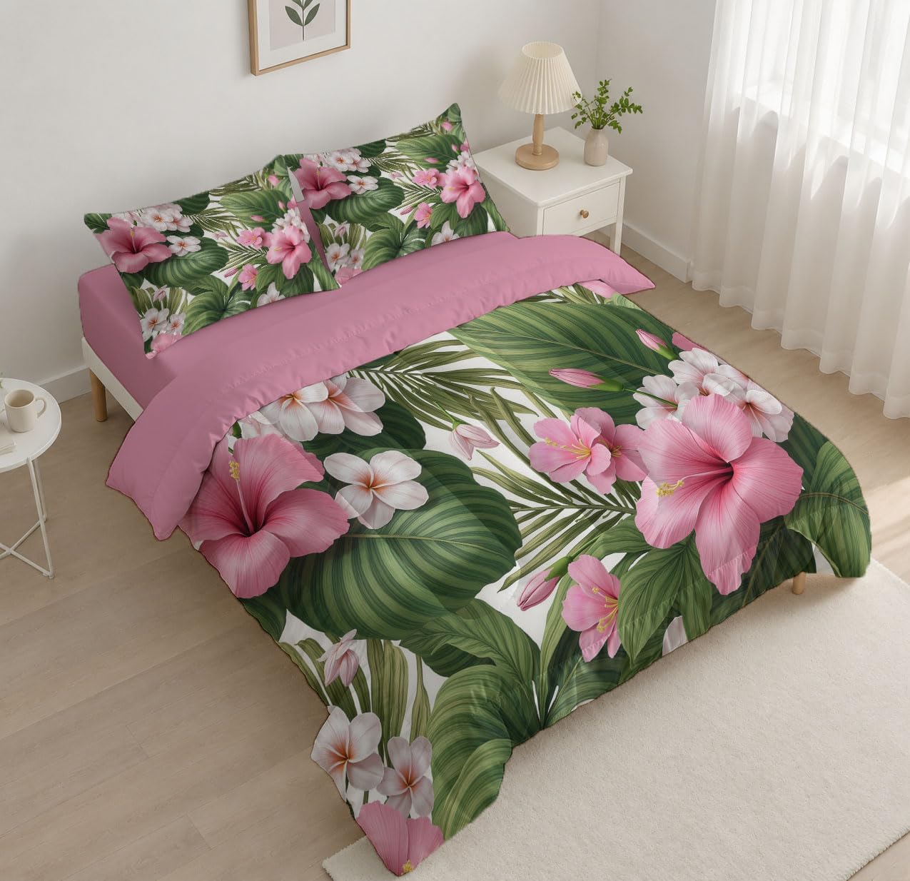 3D Realism Comforter Set King Size, Tropical Hibiscus Bedding Set for Girls Boys, Pink Quilt Bed 104"X90" Bedding Comforter Sets with 2 Pillowcase Room Decor