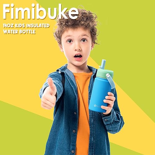 Miniatura 7 de Fimibuke Botella de agua para niños, 14 onzas, sin BPA, vaso de doble pared al vacío de acero inoxidable 188 a prueba de fugas, con popote y botella