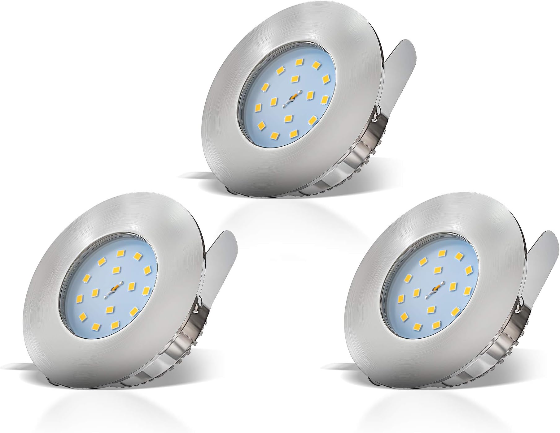 B.K.LichtSet of 3 LED IP44 Rated Recessed Bathroom Spotlights with 3X Built-in 5W LED Module, Brushed Nickel, Round, Extra Flat