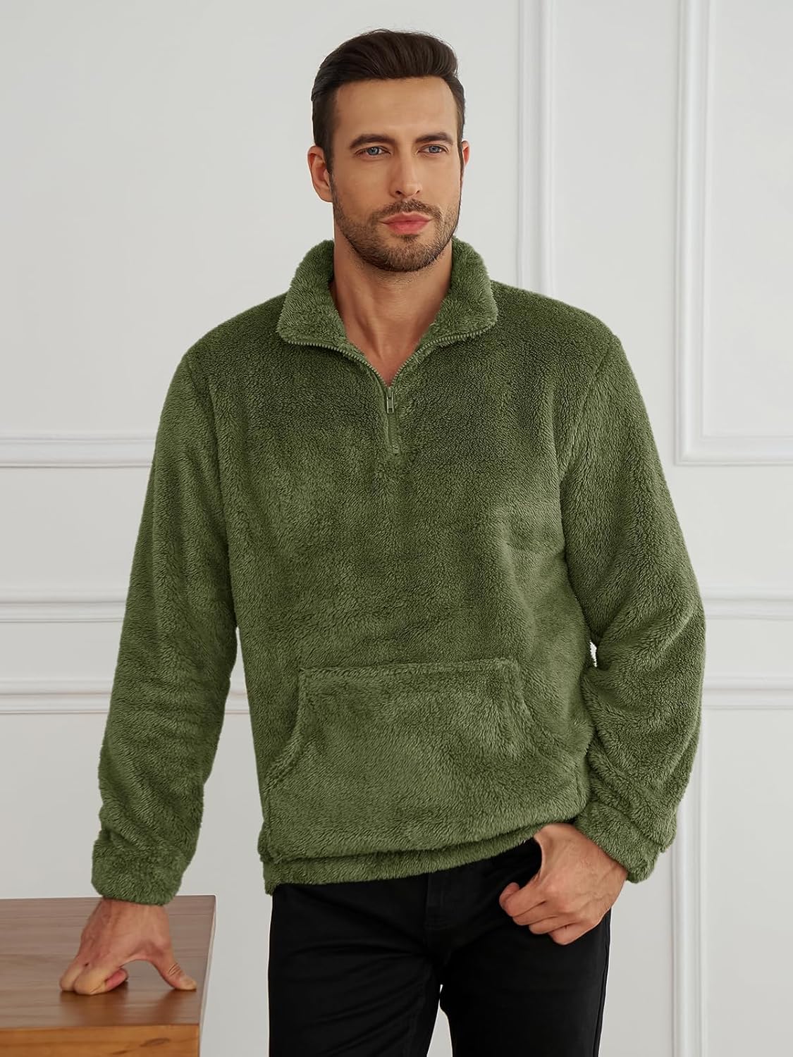 Runcati Mens Fuzzy Sherpa Sweatshirt Quarter Zip Fleece Pullover Winter Fall Warm Outerwear With Kangaroo Pocket - Image 4