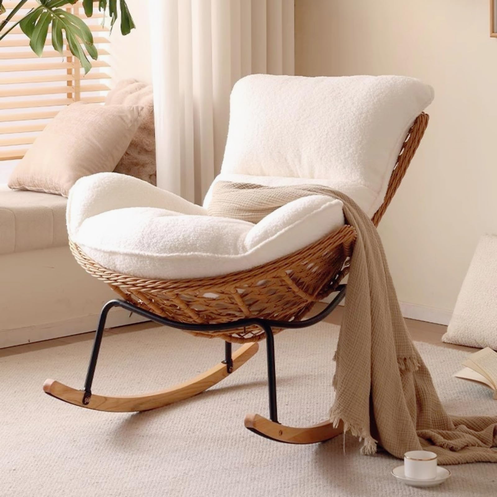 BYGSBKDP 2026 NEW! Upgrade Edition | Handmade Rattan Weaving Rocking Chair – Comfy Lobster Lounge Chair Teddy Upholstered Glider Nursing Chairs for Adults, Ideal for Living Room or Bedroom (White)