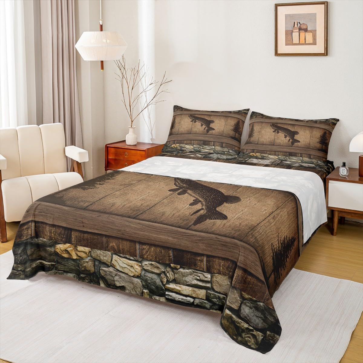 Homewish Juego de sábanas para niños, diseño de lucio, camuflaje, tamaño doble, para adolescentes y adultos, ropa de cama rústica de caza y pesca, juego de sábanas de cabaña, 4 piezas