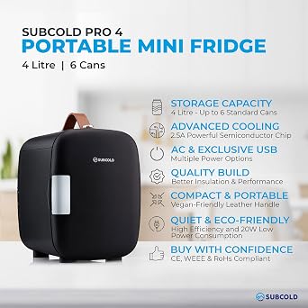 Subcold Pro4 Luxury Mini Fridge Cooler, 4 Litre, Black New | 6 Cans, AC and Exclusive USB Power Option, Portable Small Fridge, Office, Bedroom, Car, Travel, Skincare and Cosmetics [Energy Class C]