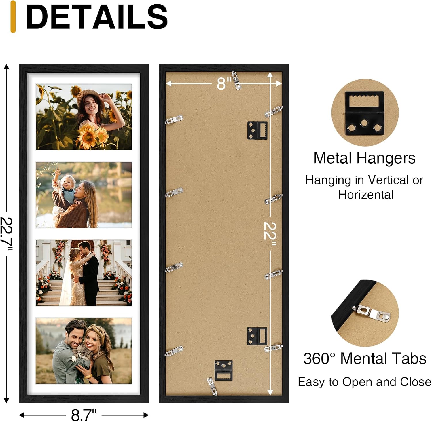 decorUhome 8x22 Picture Frames Collage Wall Decor, Display 4Pcs 5x7 Photos with Mat or 1Pcs 8x22 Unmatted, 4 5x7 Collage Picture Frames for Wall Mounting, Black
