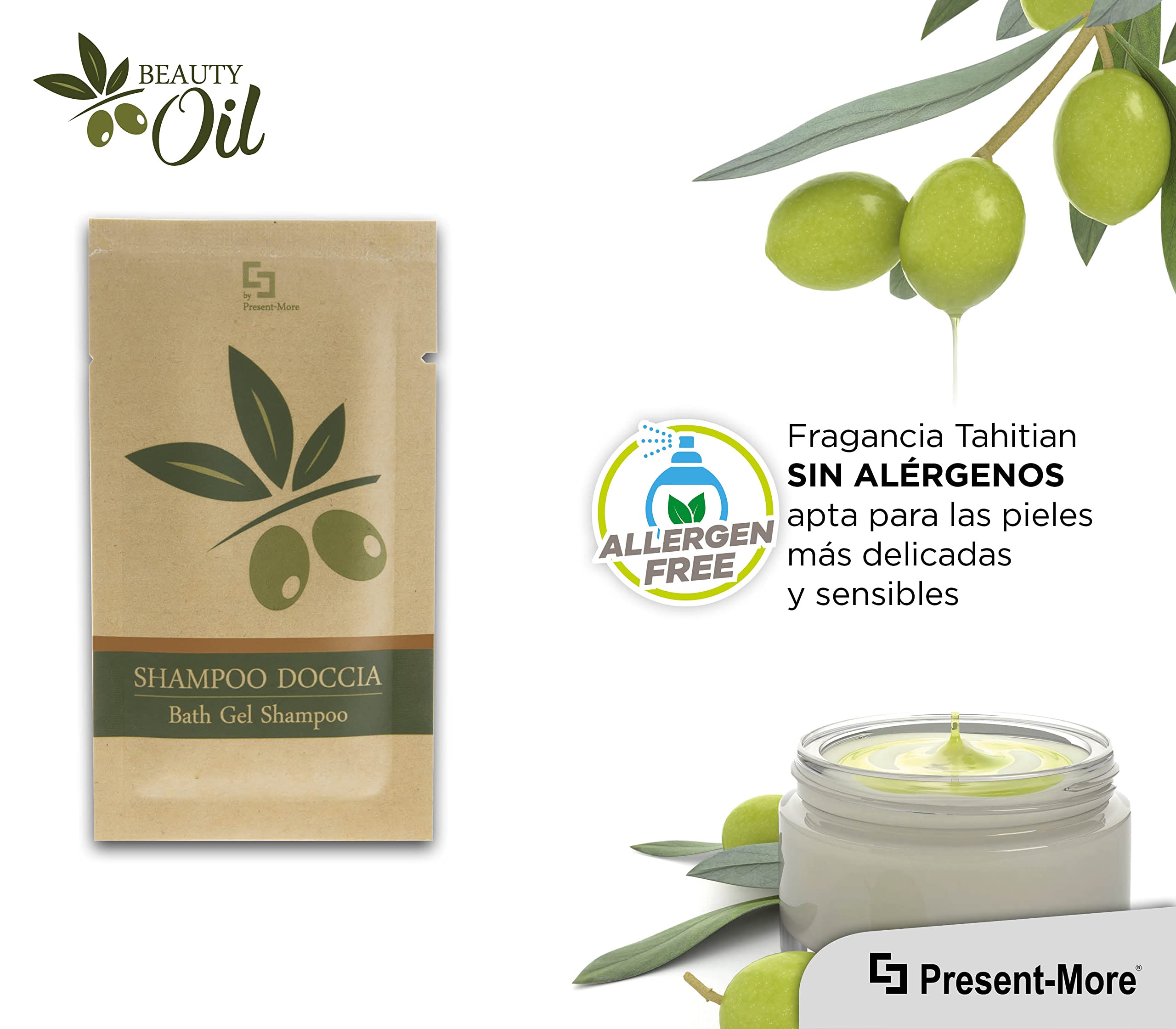 Present-More Champú de ducha 15ml Beauty Oil - Ducha champú 250 unidades para Hoteles y B&B | Ducha champú sin alérgenos con fragancia Tahitian