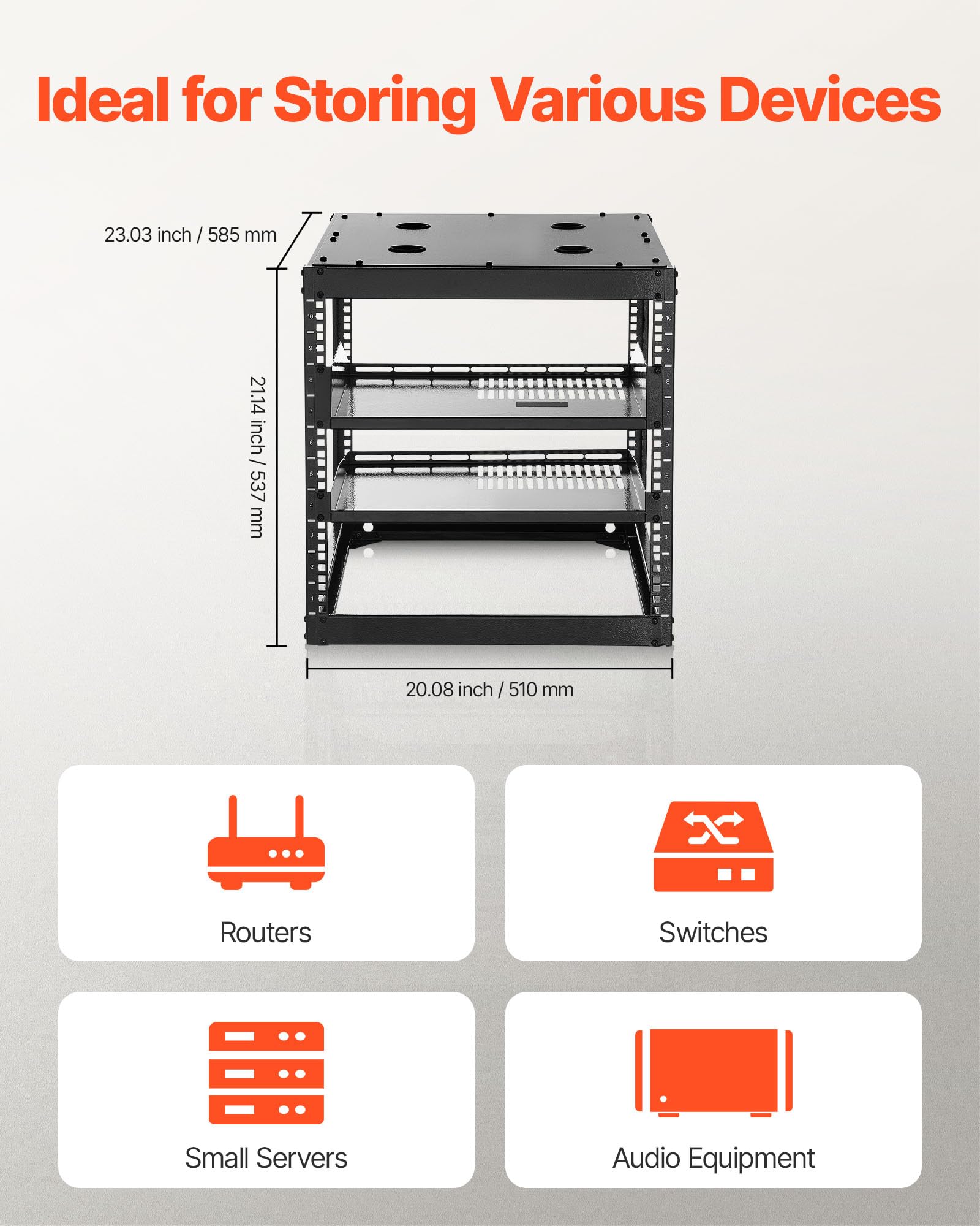 Close-up view of the VEVOR 10U Server Rack showing the two vented 1U shelves installed.