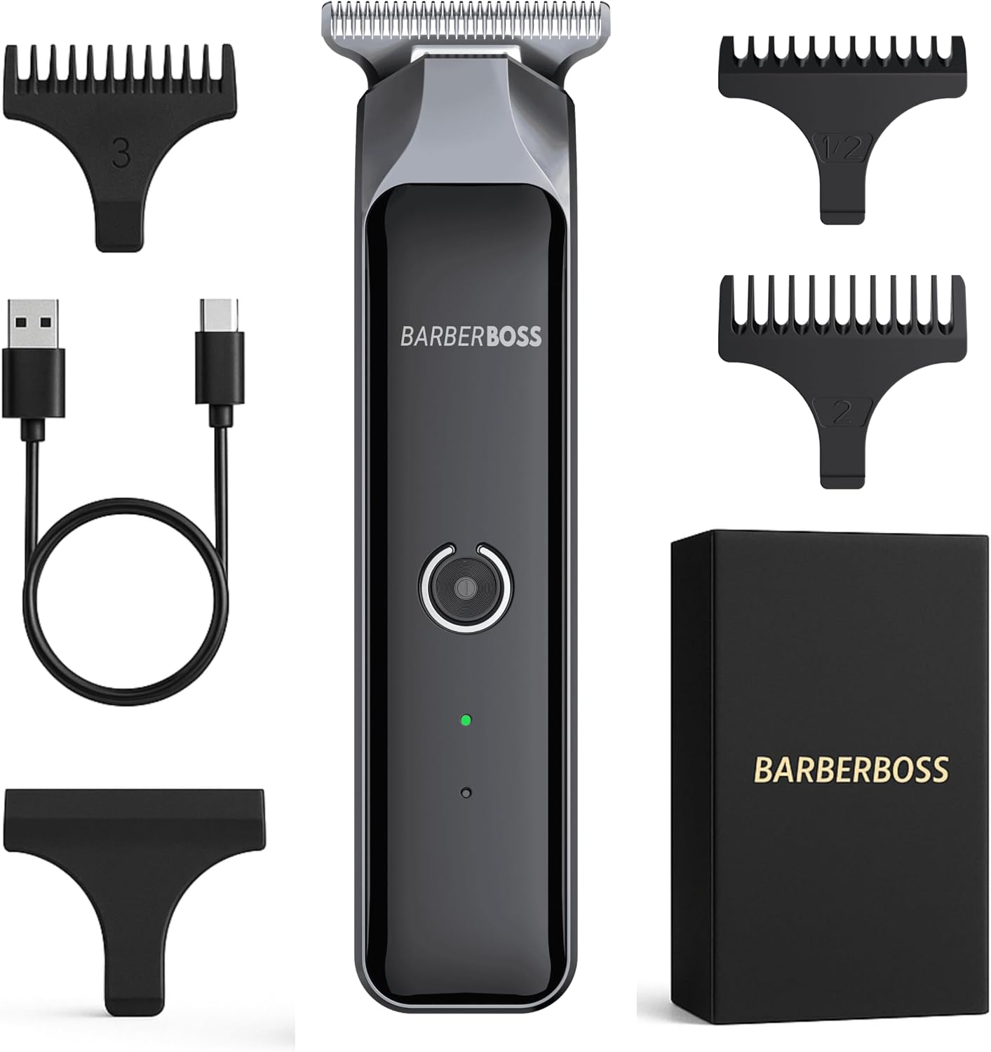 BarberBoss Bezprzewodowa maszynka do strzyżenia włosów dla mężczyzn, do strzyżenia brody T-Blade, wodoodporny zestaw do pielęgnacji z 4 grzebieniami prowadzącymi, wyświetlacz LCD, szybkie ładowanie
