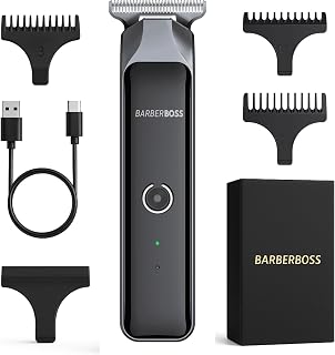 BarberBoss Recortadora de pelo inalámbrica para hombres, afeitadora de barba en T, kit de aseo impermeable con 4 peines guía, pantalla LCD, carga rápida USB, cortadora pelo facial y corporal (Negro)