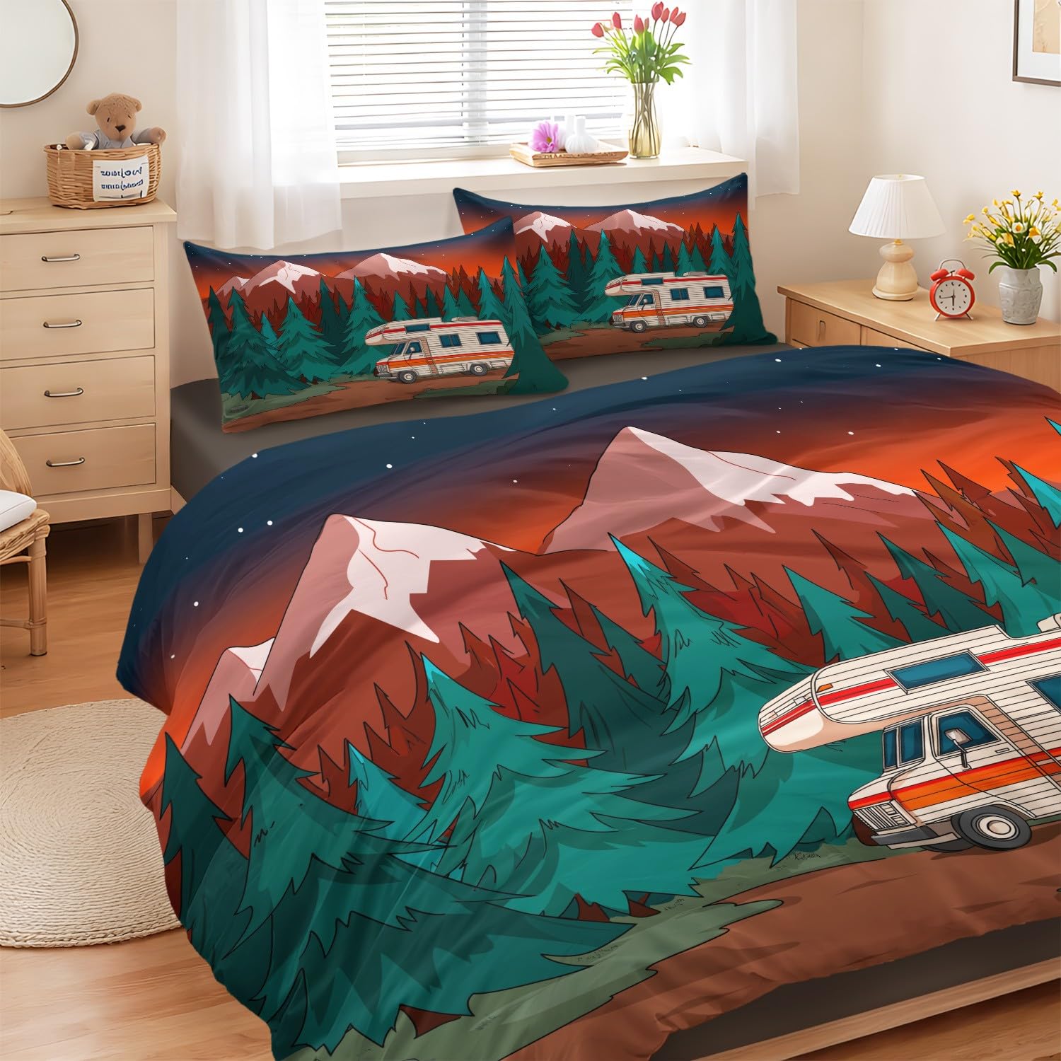 Housse de couette 220x240 cm toucher doux motif anime et forêt nordique avec drap housse