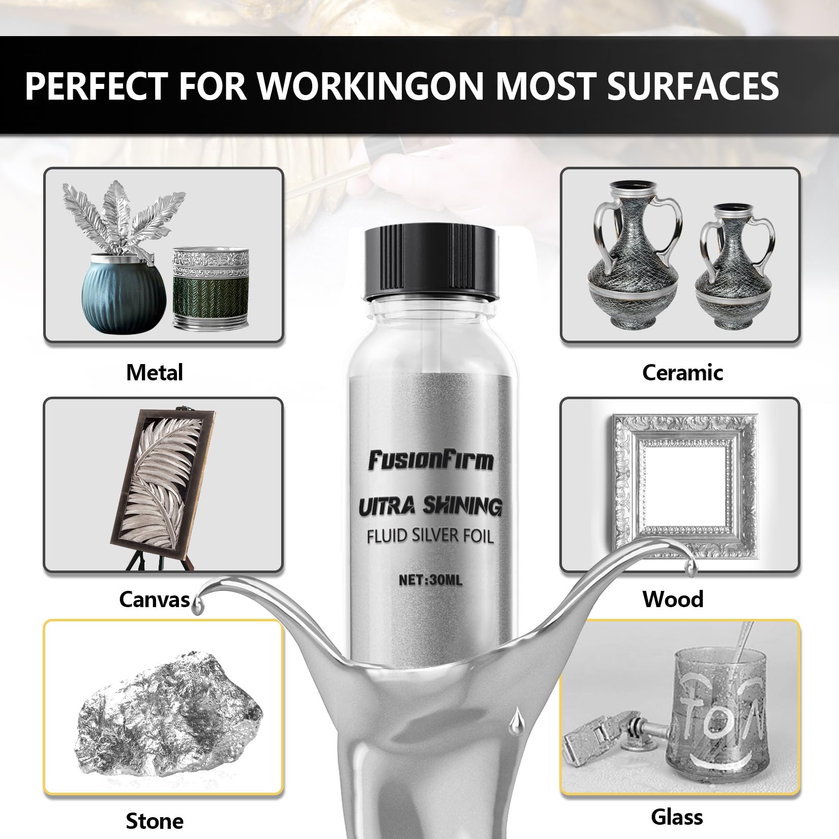 Liquid Silver Leaf Paint Kit - Alcohol-Based Quick Dry Ultra Shiny Metallic Gilding Paint for Crafts, Resin Art, DIY Decor | High Gloss Finish with Varnish | 2 x 30ml Bottles