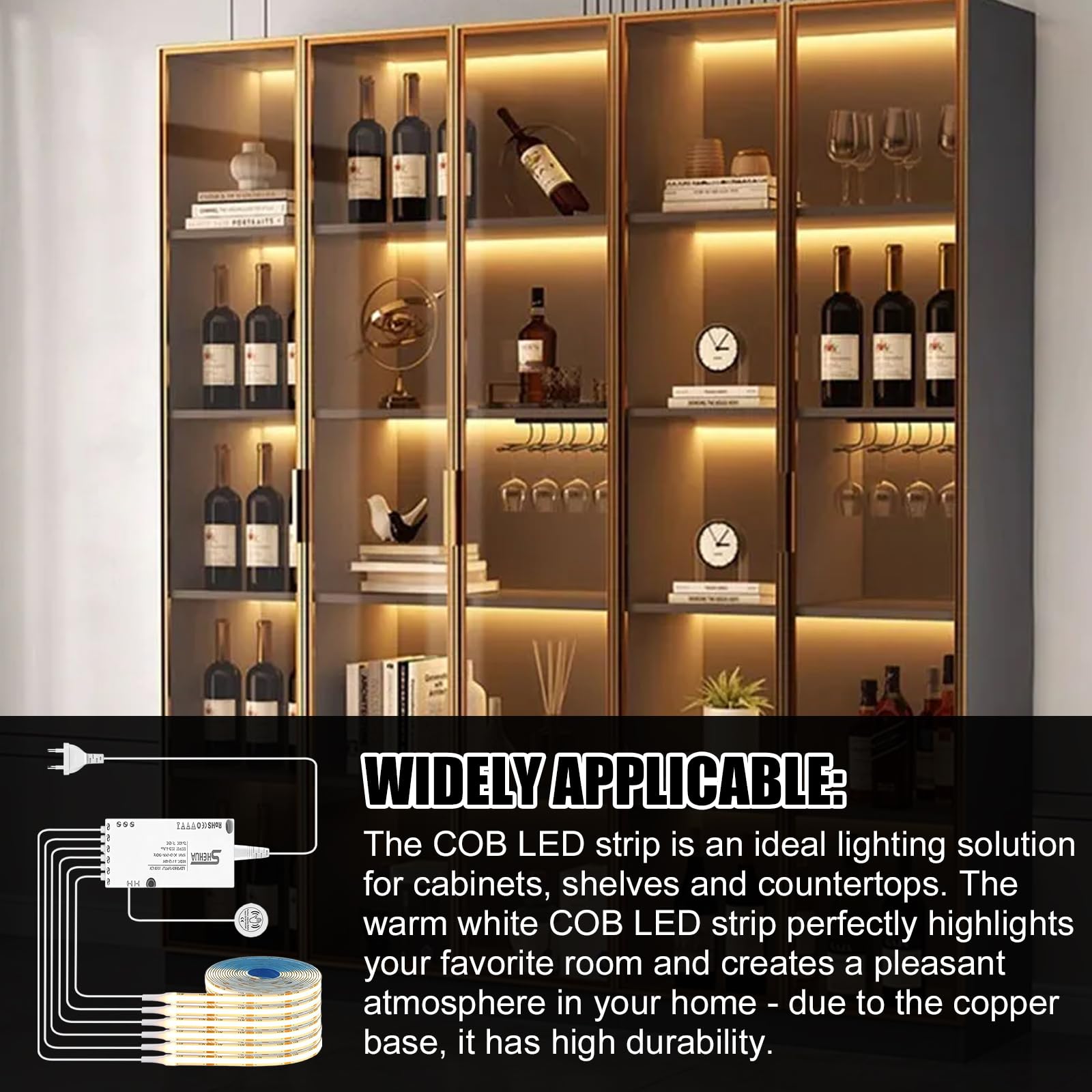 Taśma LED COB, 12 V Cabinet Lights COB LED, 6 rolek 1 m 3000 K ciepła biel taśma LED z dotykowym ściemniaczem, przełączanie światła, do witryn, szafek, szafek na wino, paneli akustycznych, oświetlenie