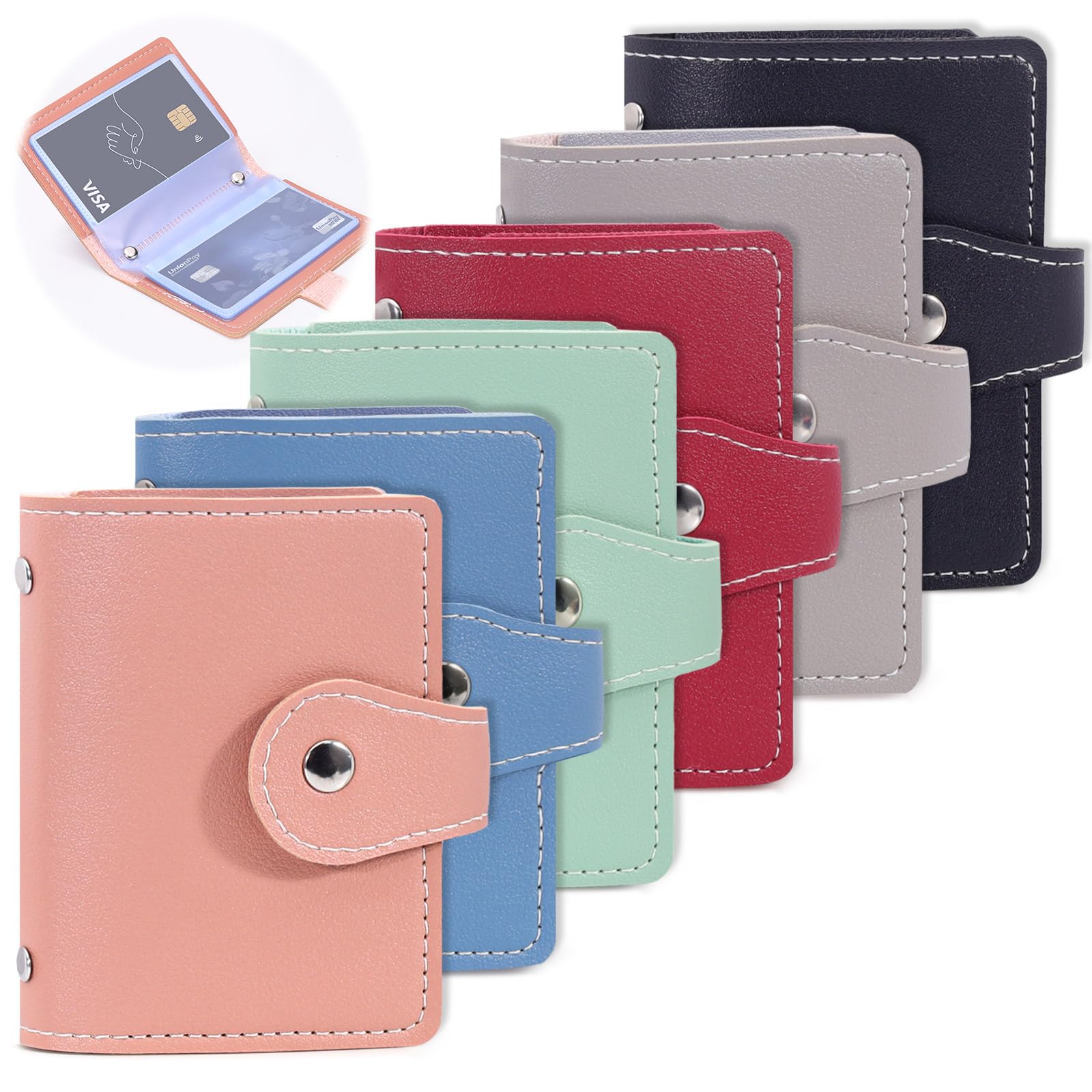 Realand 6Pcs Leather Small Credit Card Holder for Women and Men with Snap 26 Slots Wallet for Business Card Organizer and IDs