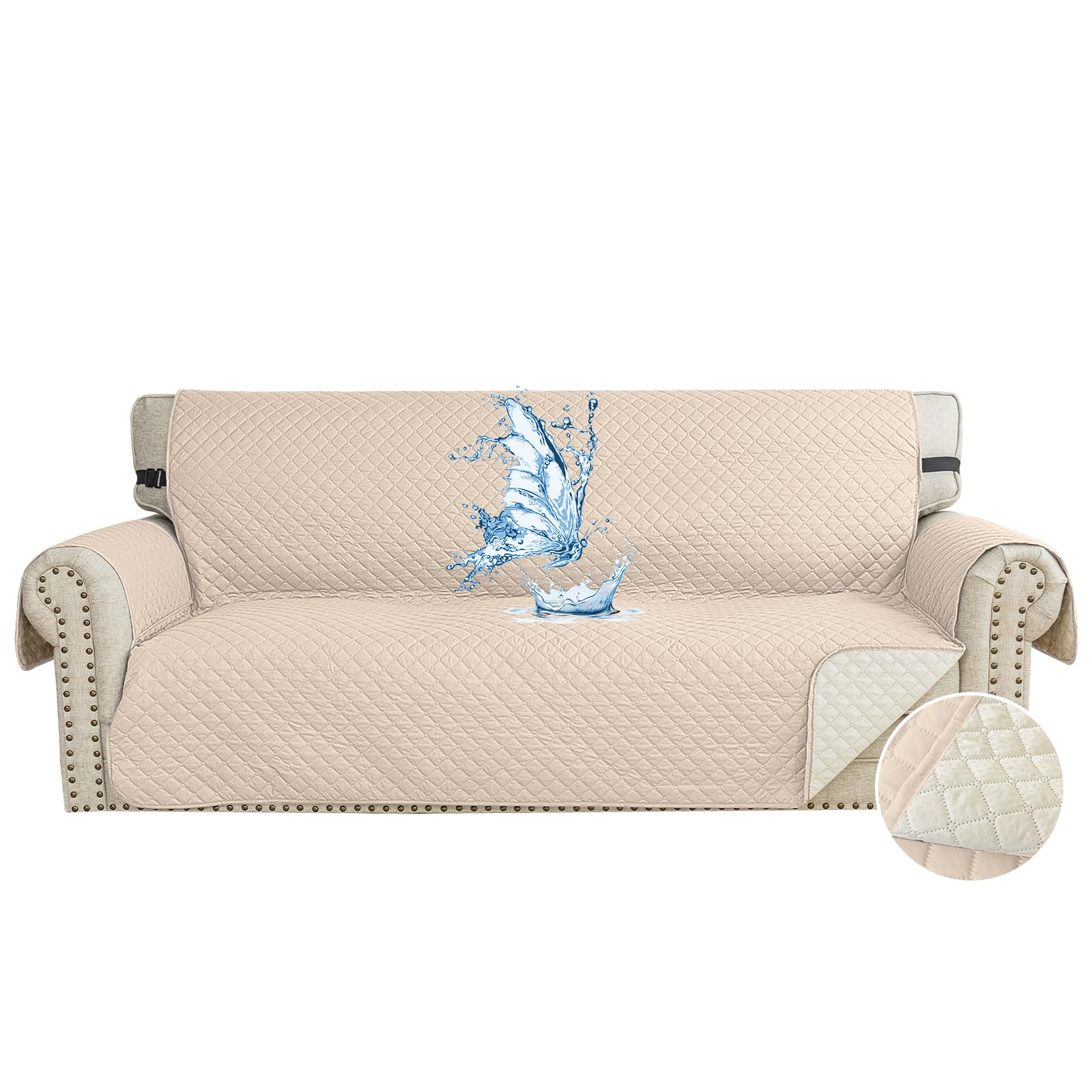 Funda Sofa Impermeable 3 Plazas, Cubre Sofas Antiarañazos Gatos, Couch Cover Antideslizante Antimanchas, Universal, con Reposabrazos, Lavable, Beige Global Recycled Standard Global Recycled Standard Global Recycled Standard