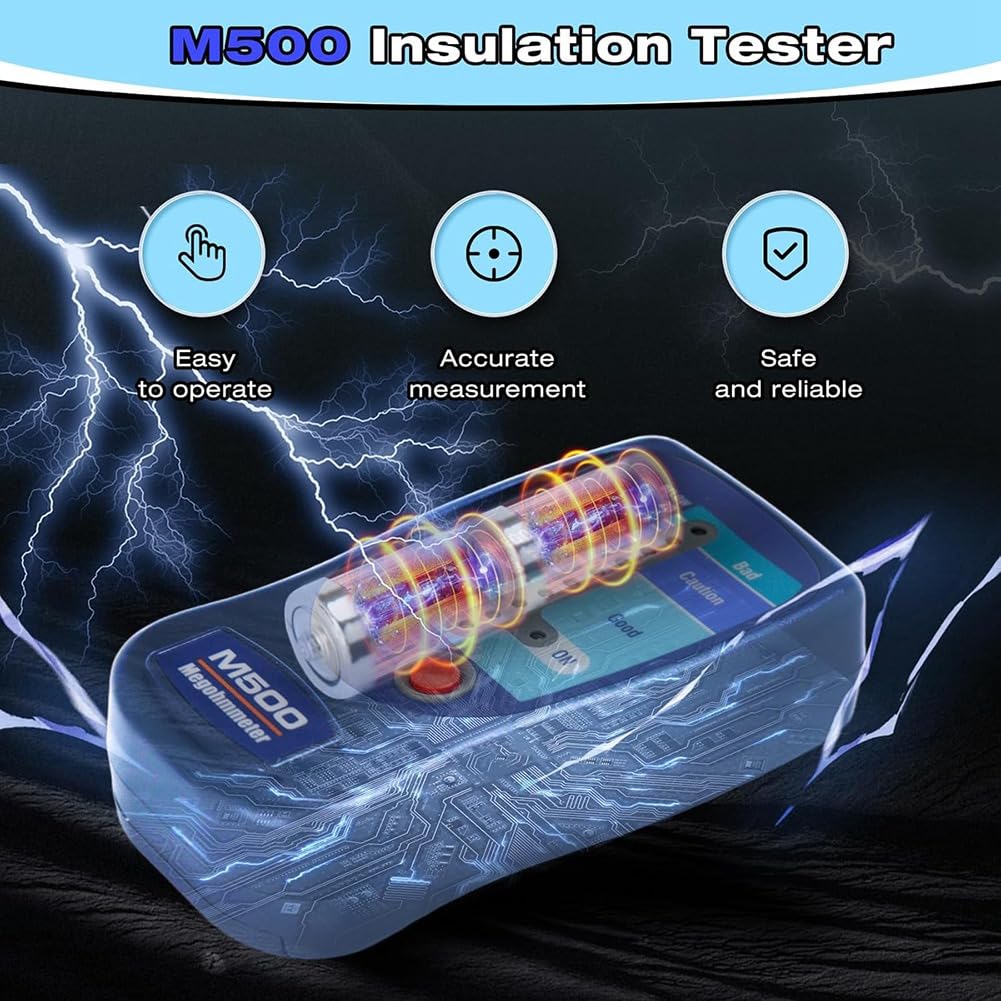 Mégohmmètre M500 pour les Tests D'Isolation, 1000 Mégohms à 500 V, avec Affichage Visuel et Étui de Transport Souple