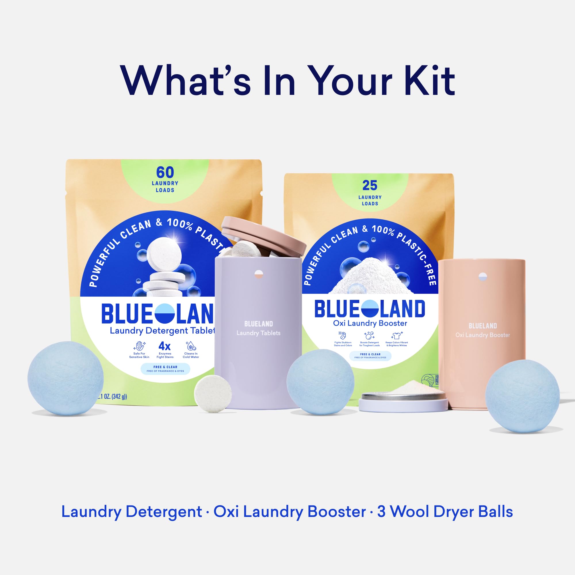 BLUELAND Laundry Essentials Kit, sin fragancia, tabletas de detergente para ropa sin plástico, refuerzo de oxi y bolas de secado de lana natural reutilizables