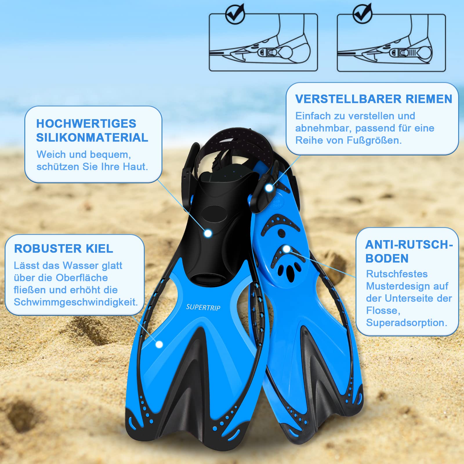 Supertrip Set da snorkeling bambini 3 pezzi pinne regolabili occhiali subacquei vetro temperato boccaglio ad asciugatura premium