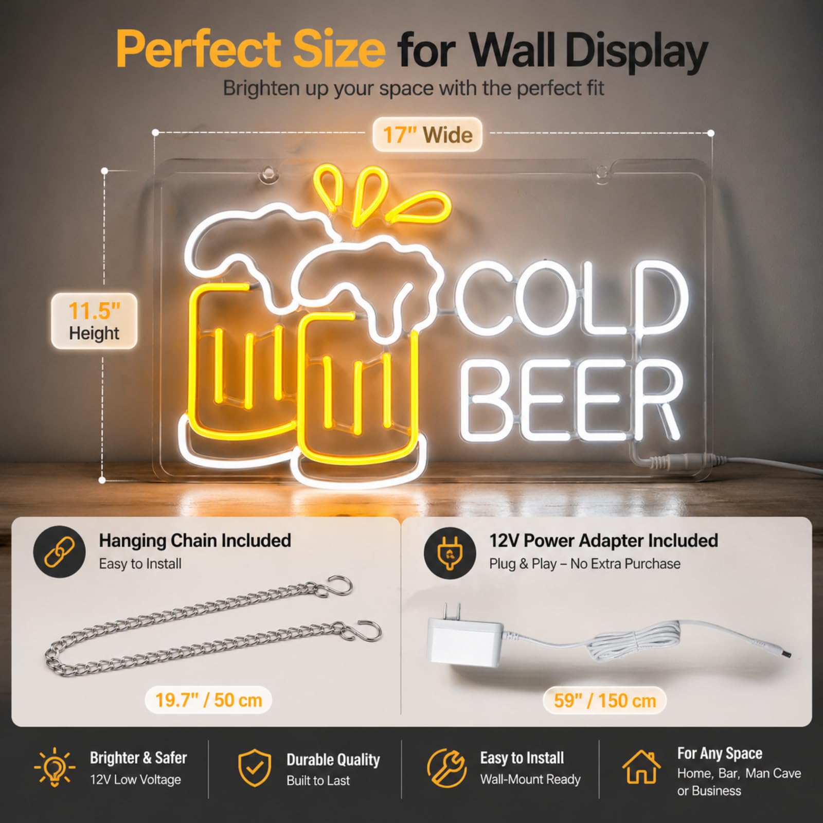 Letrero de neón de cerveza fría para bar de negocios y hogar, luz LED de PET flexible y duradera para pub, cueva de hombre, garaje, regalo único para hombres, padres, propietarios de bares o clubes