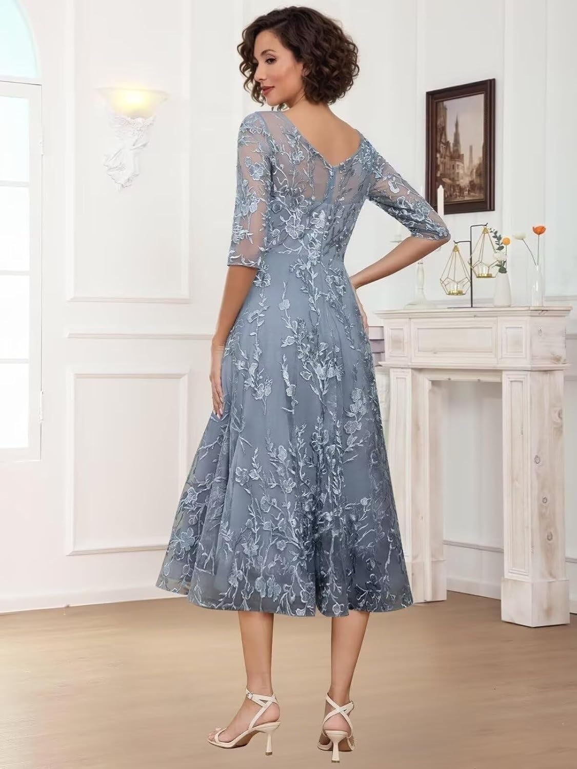Lace Applique Mother of The Bride Dresses for Women 3/4 Sleeve Sequins Wedding Guest Gowns Tea Length Formal Evening Dress