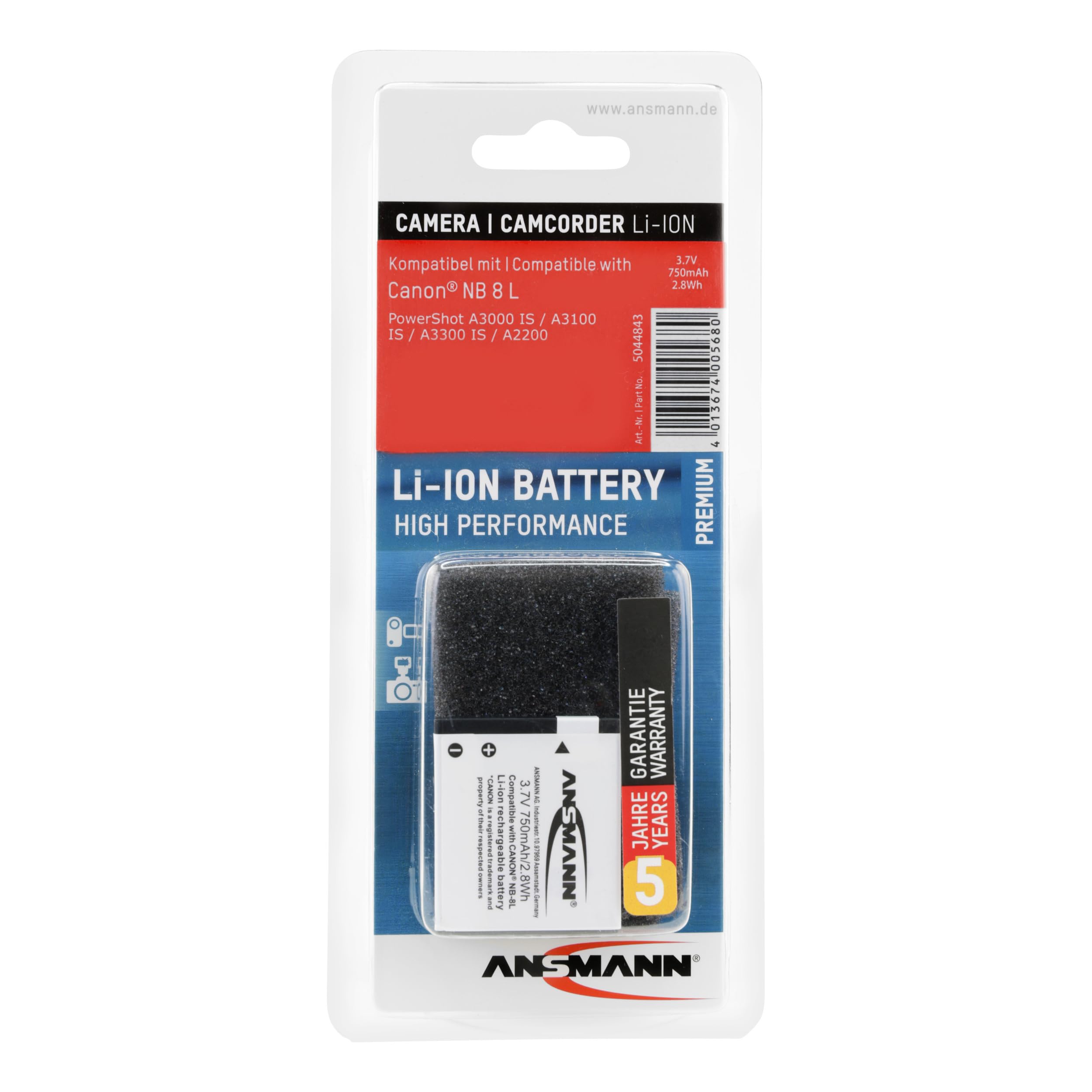 ANSMANN 5044843 A-Can Nb8L Batteria Li-Ion Digicam 3,7V/750Mah per Fotocamere Digitali Canon
