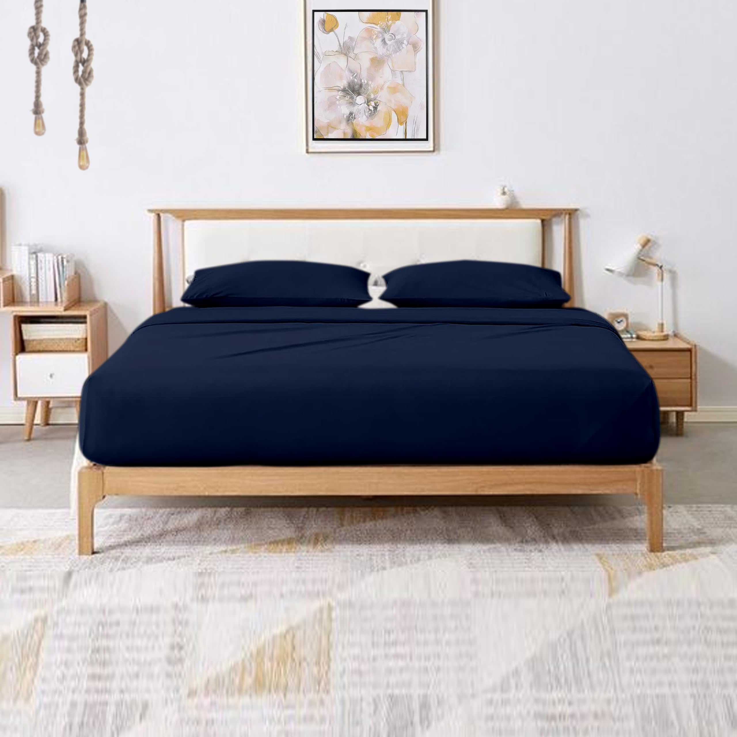 Queen Size Sleeper Sofa Bed Sheet Set 62 x 74 x 6 100 Egyptian Cotton Navy Blue Solid