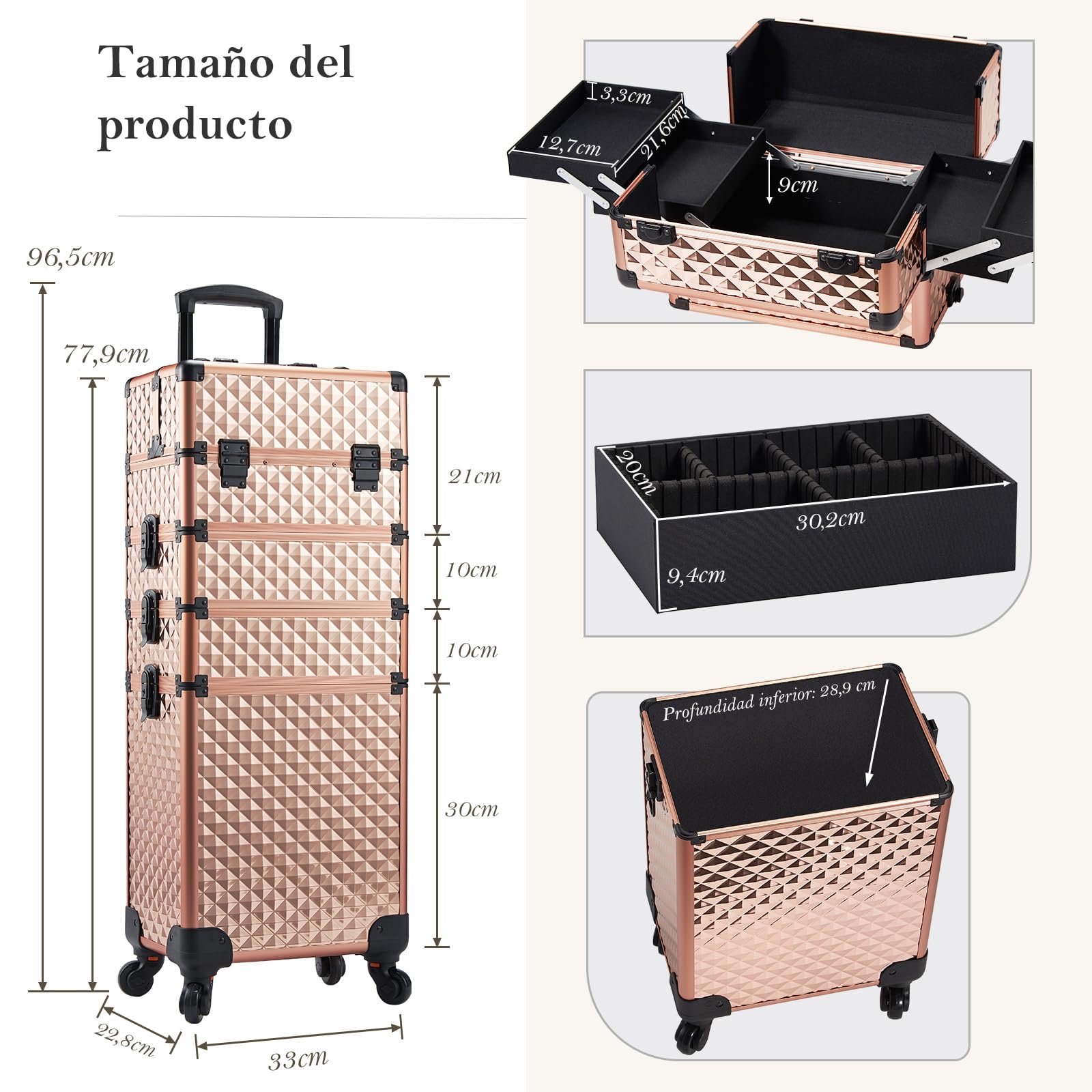 Maleta Maquillaje 4 en 1 Maletin Maquillaje Rueda de Gran Capacidad Caja Maquillaje Maletin de Cosméticos portátil con Cerradura Organizador de Maquillaje, Oro Rosa