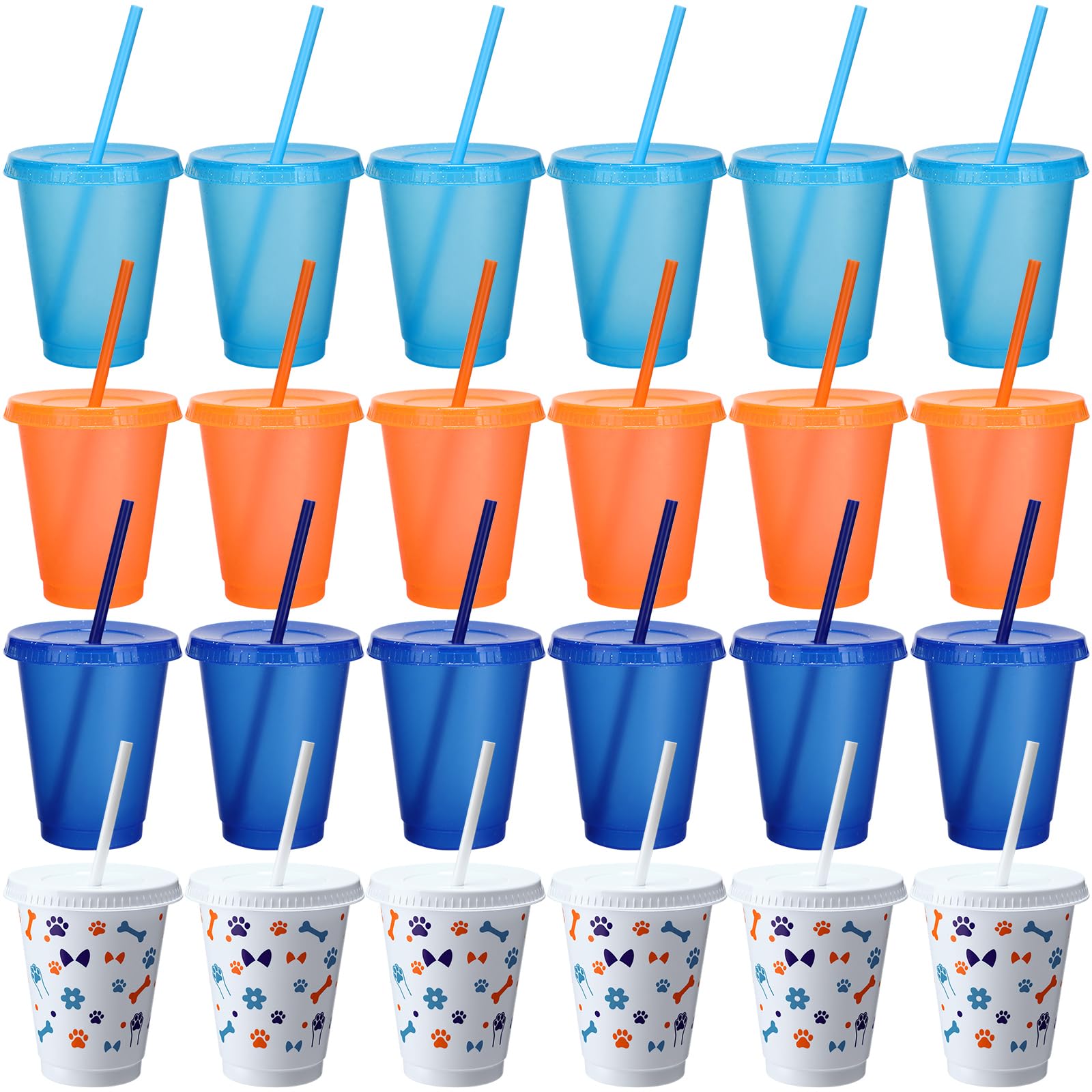 Qinyoung 24 Pcs Blue Dog Party Favors 16 oz Plastic Cups with Straws and Lids Reusable Cartoon Puppy Paw Mug Gift for Birthday Decorations, Ice Coffee, Smoothie, Juice