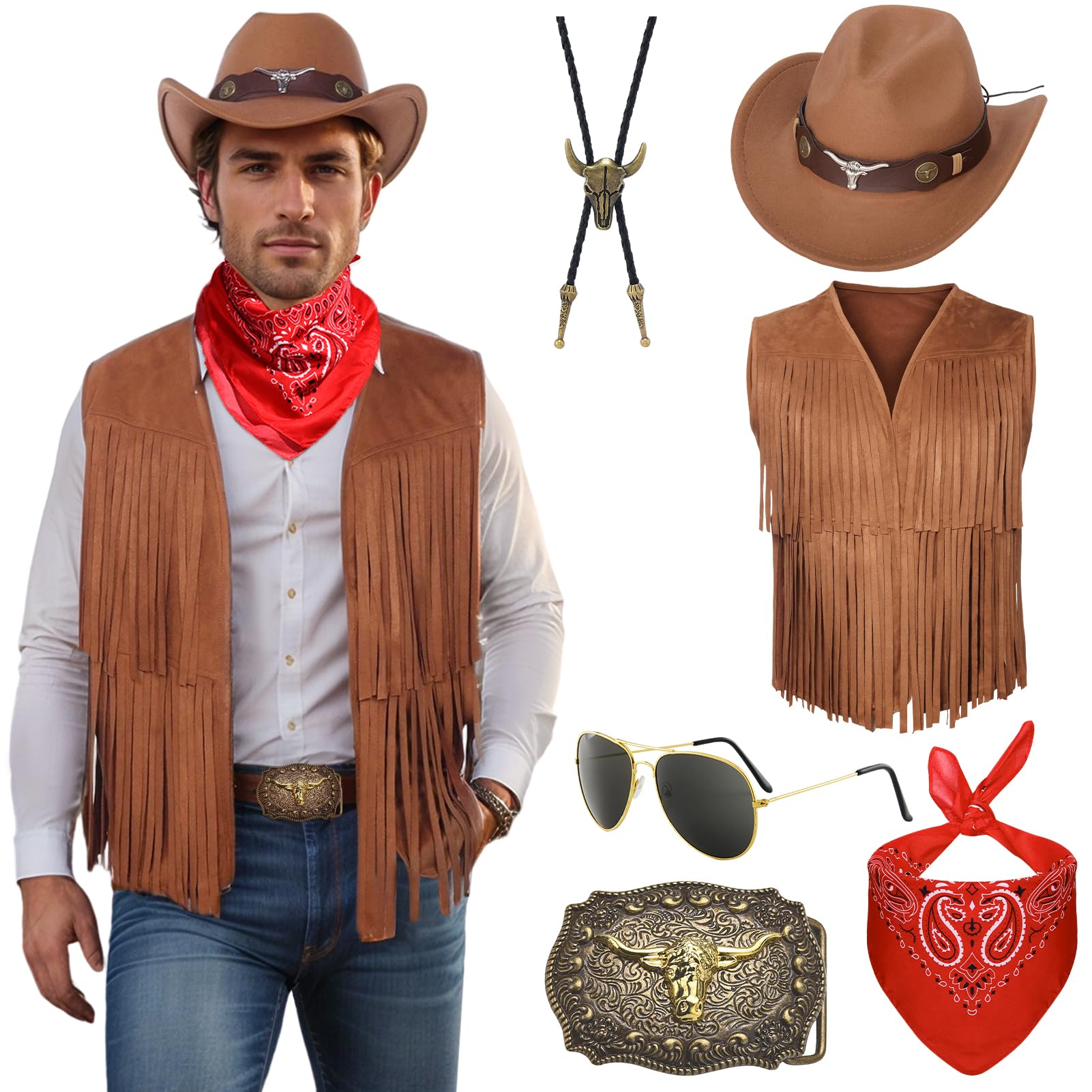 Antsparty Cowboy Costume for Men, Cowboy Outfit with Fringed Waistcoat Hat Glasses Bandana, Adult Hippie Fancy Dress for Western Theme Party