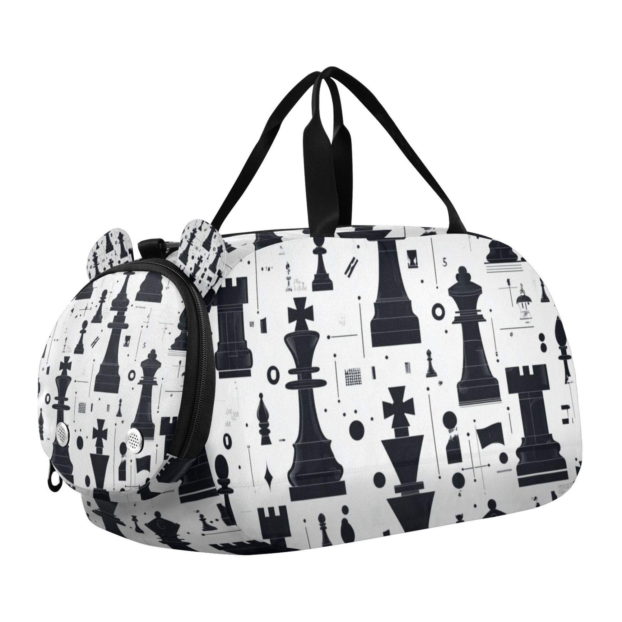 Glaphy Chess Pieces Black Cartoon Duffle Bag for Toddler Boys Girls, Gym Sports Bag with Shoe Compartments, Kids Travel Overnight Weekender Shoulder Bag