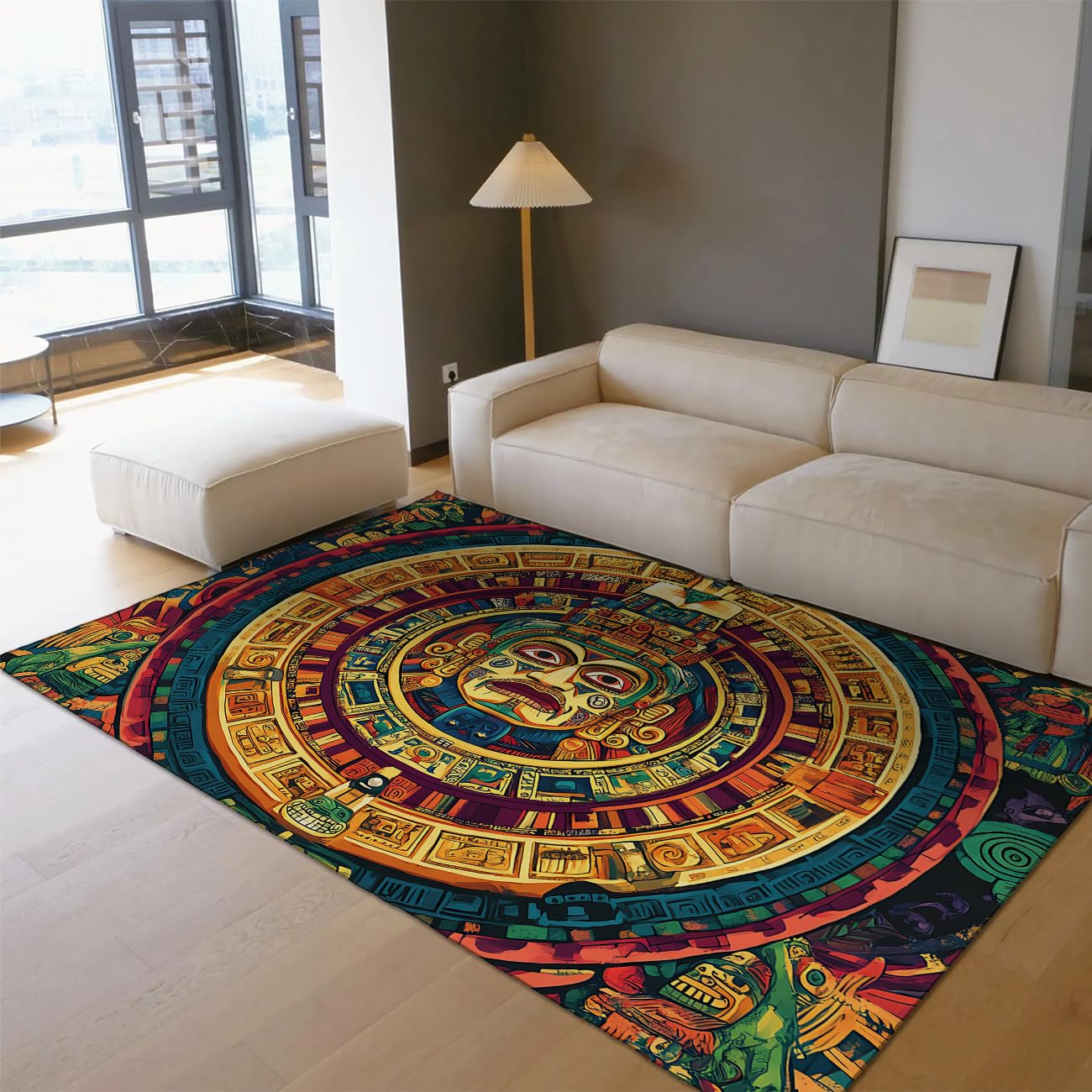 Tapis aztèque 160x230cm coloré à poils ras pour salon et cuisine