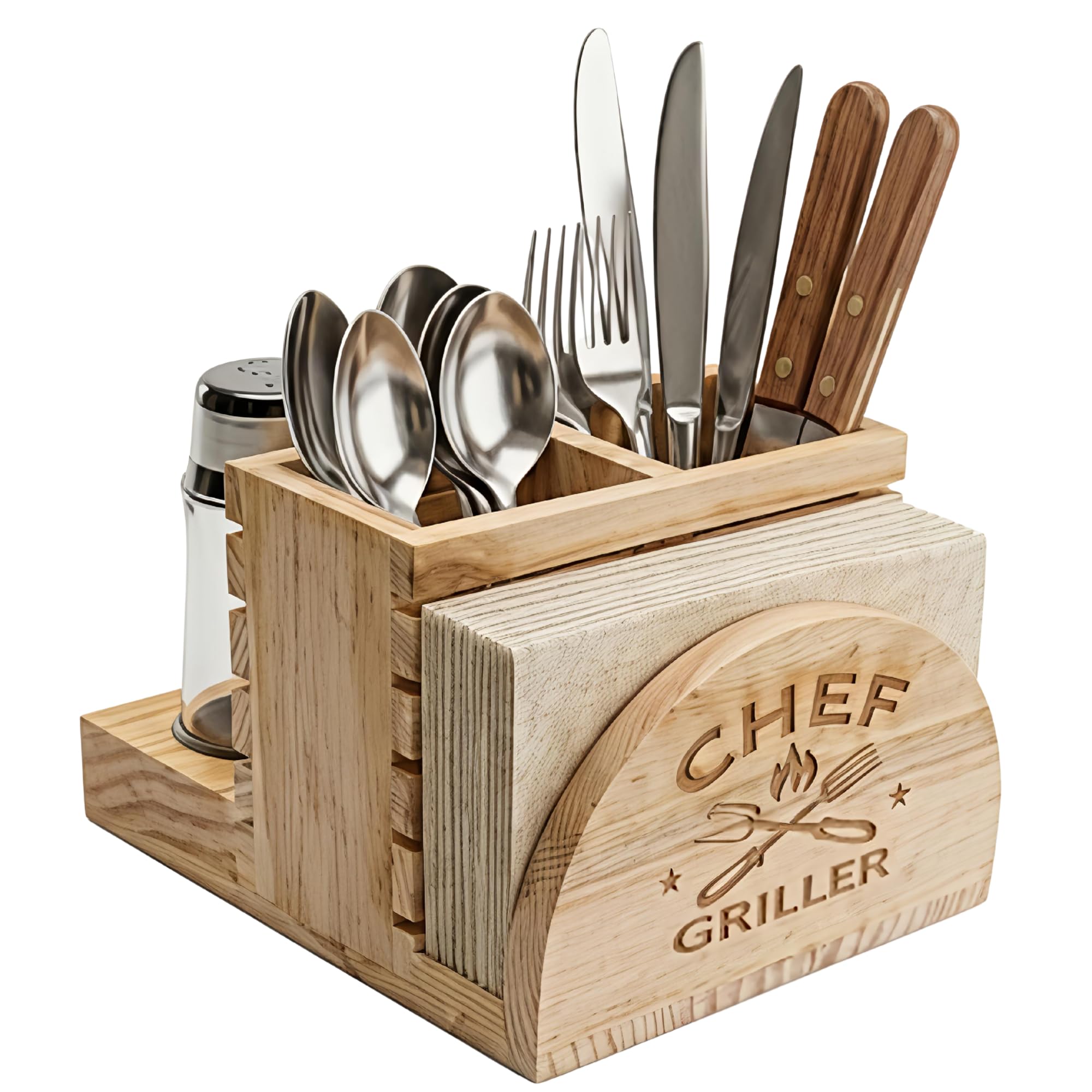Wooden Cutlery Holder with Tissue Napkin Stand | Multipurpose Spoon Fork Knife Organizer | Tabletop Kitchen & Dining Storage Rack | Wooden Napkin Dispenser for Home Restaurant Cafe-image-16