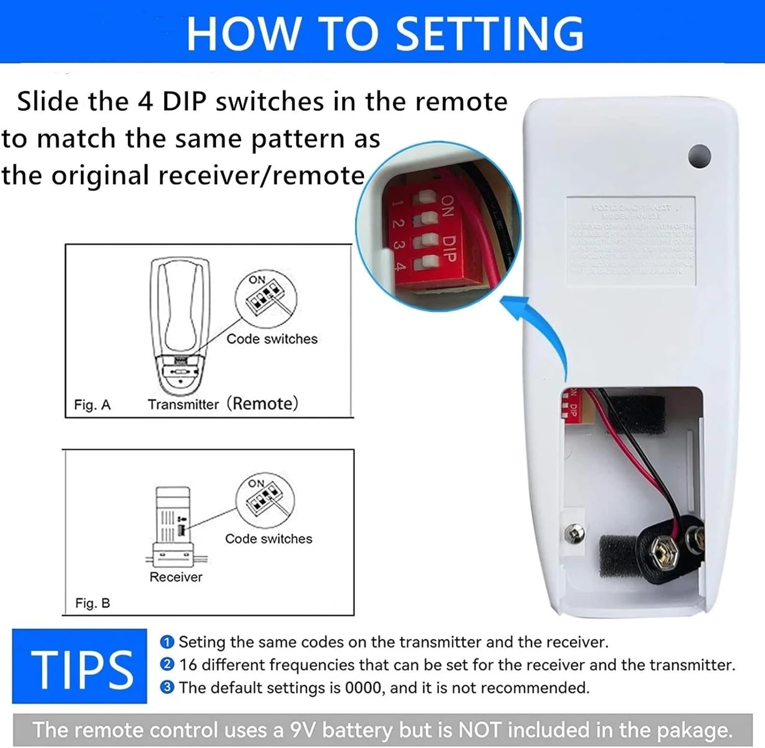 Diagram showing how to set DIP switches on both the remote transmitter and the receiver, along with a note about the 9V battery.