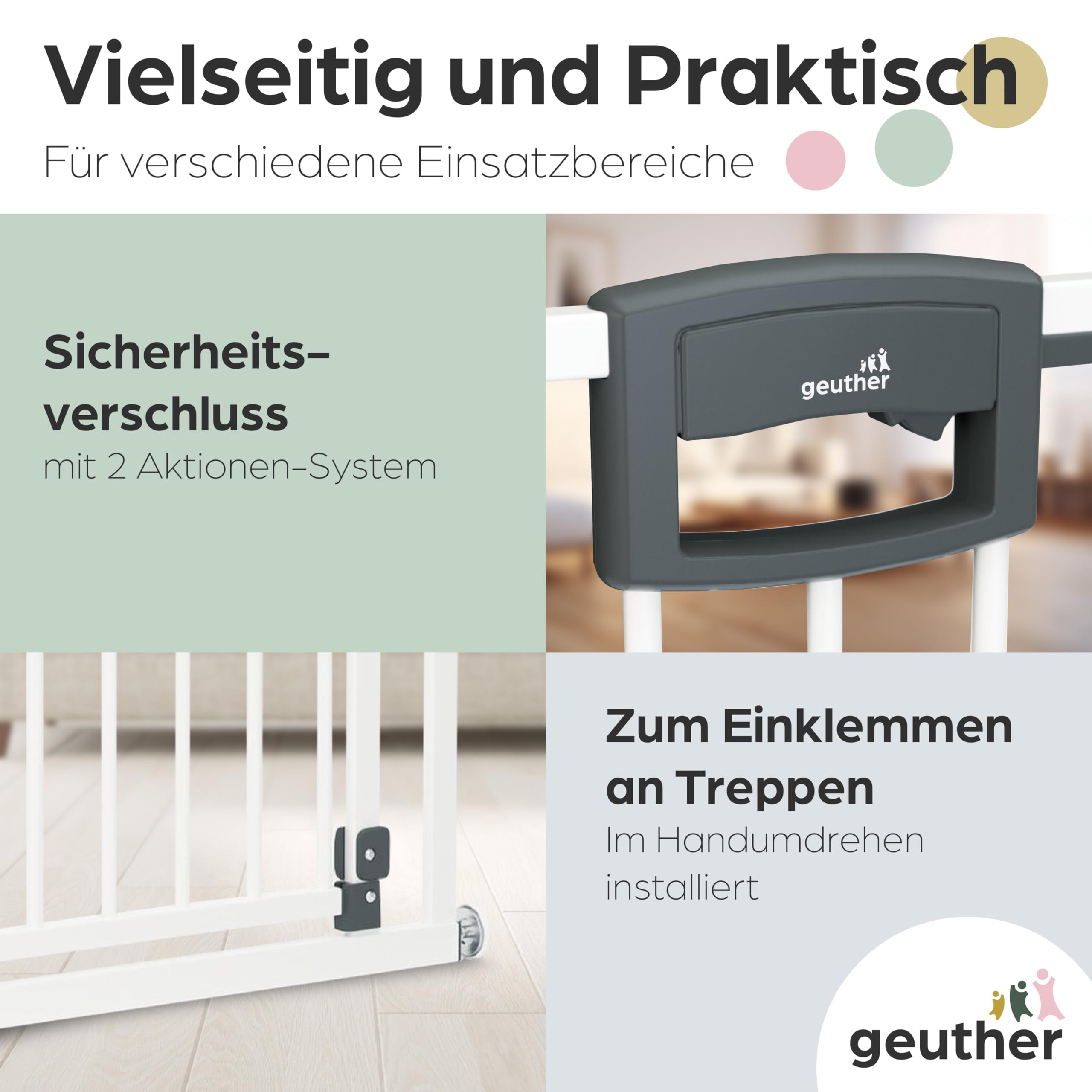 Geuther Treppenschutzgitter Easylock Plus | Türschutzgitter ohne Bohren inkl Klemmen | Breite 84,5-92,5 cm | Türgitter Baby Holz-Metall | Kinderschutzgitter beidseitig öffnend | Kindersicherung | Weiß