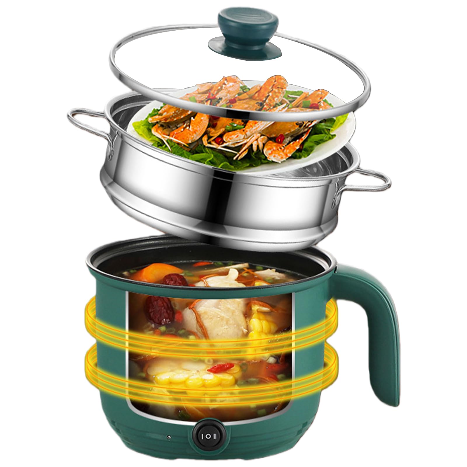 Hot Pot elettrico da 1,5 L, mini multicooker antiaderente portatile con vaporiera, fornello rapido per ramen e padella elettrica con controllo Dual Power, fornello da viaggio per casa, ufficio