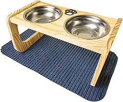 Comedouro Elevado de Madeira Pinus para Cães Médios | Tigelas Inox 700 ml, Removíveis | Acompanha Tapete Antiderrapante 43x33cm | Acabamento em Óleo Mineral Atóxico (Azul)