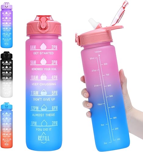 Miniatura 9 de Botella de agua con pajilla, botellas de agua motivacionales de 32 onzas con marcador de tiempo, Tritan a prueba de fugas, sin BPA, botella de agua