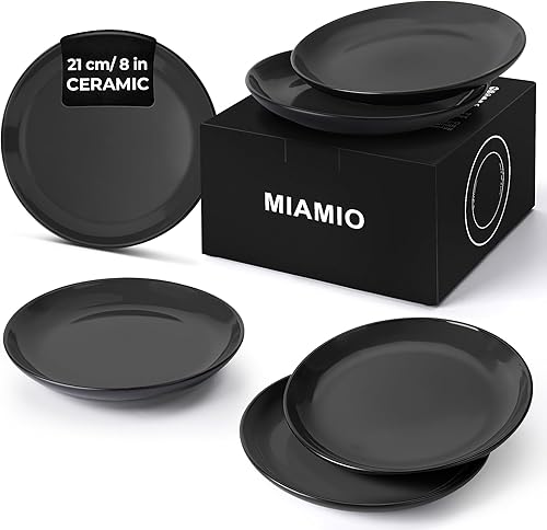 MIAMIO  Juego de 6 platos y platos de cena de cerámica  Colección Le Papillon (8 pulgadas, negro)