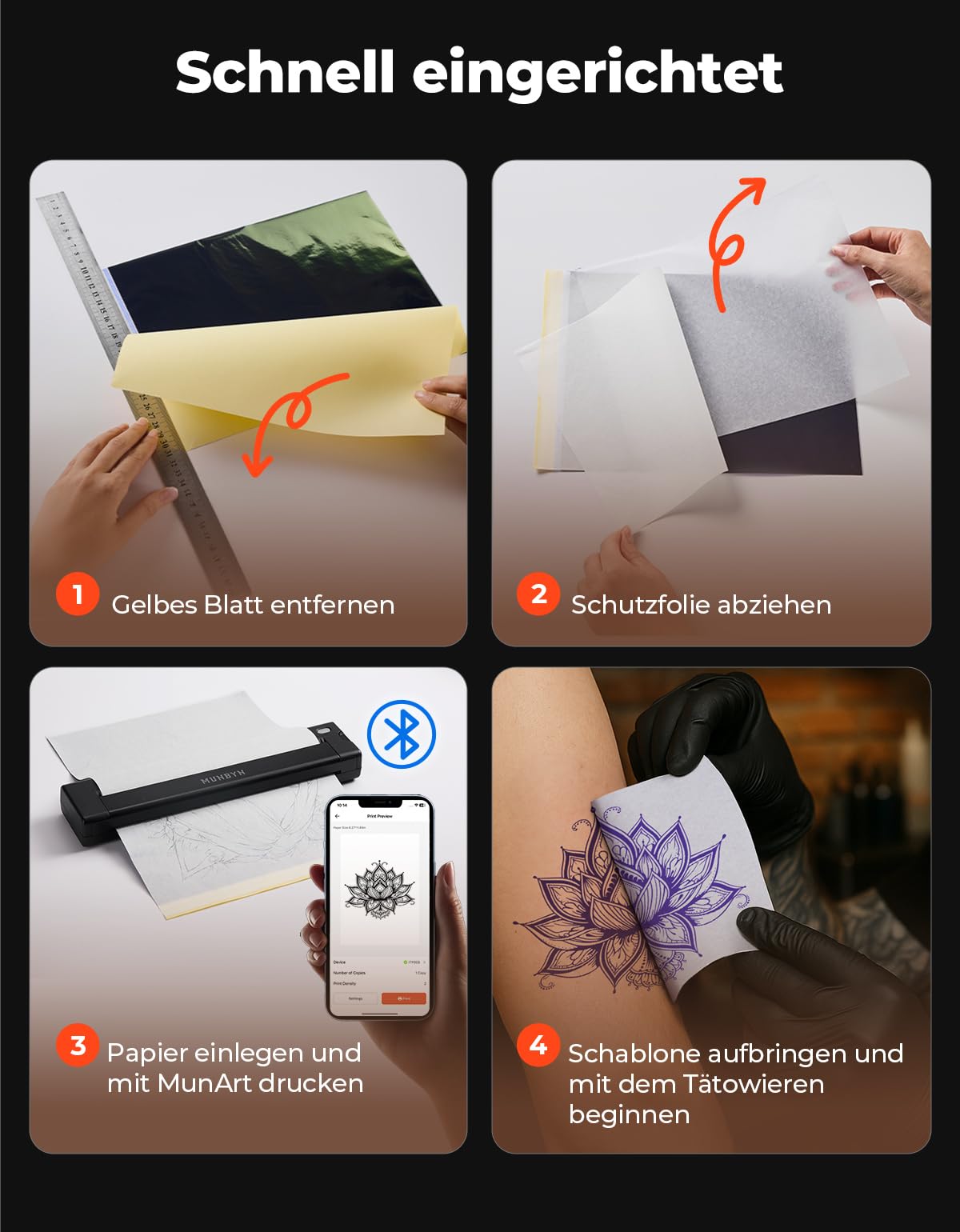 MUNBYN ITP05S Tattoo Drucker Bluetooth, Stencil Drucker, Tattoo Printer Thermodrucker mit 10 Blatt A4 Transferpapier, kompatibel mit Android, iOS, macOS und Windows, Schwarz