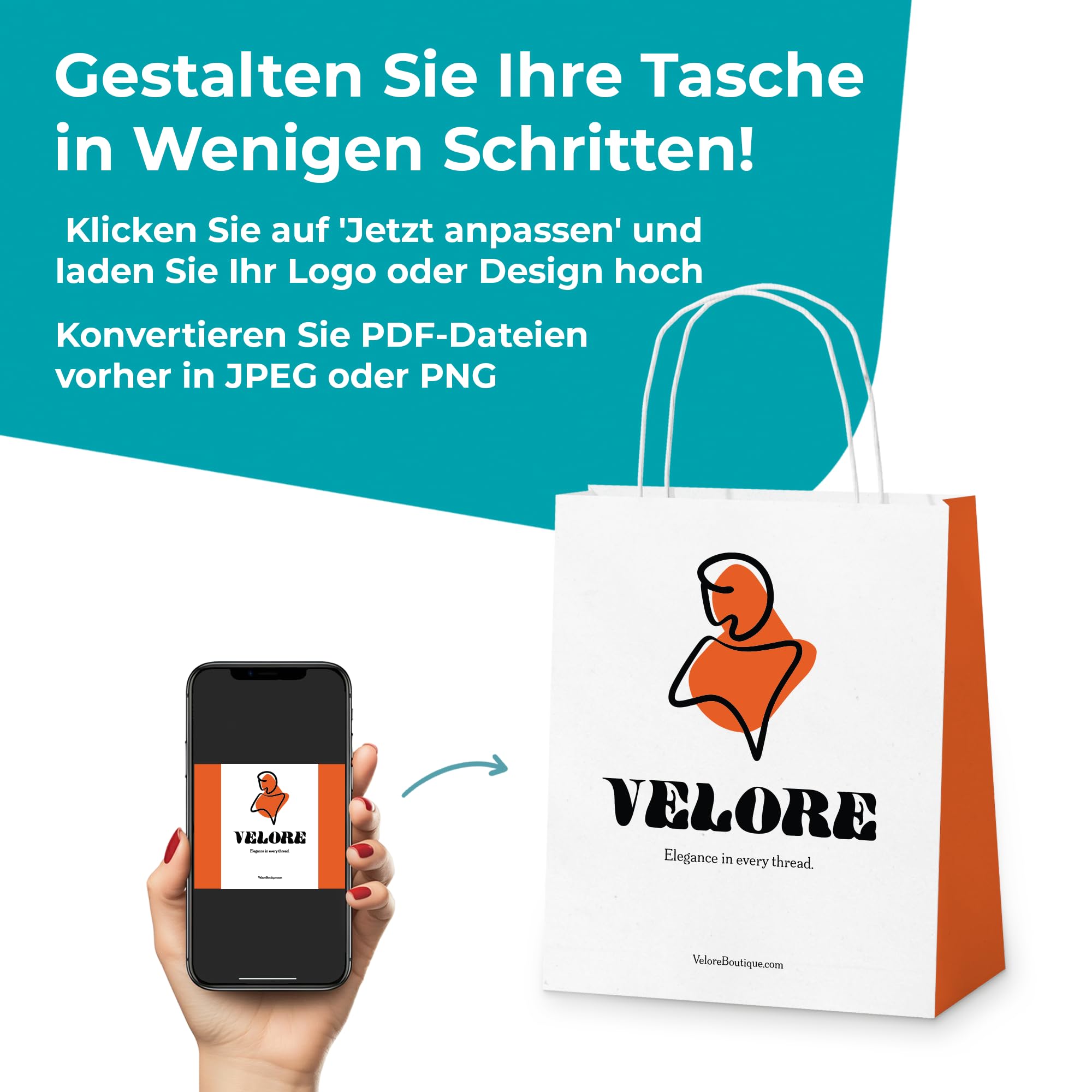Cimpress Personalisierte Papiertüten mit Henkel weiß, Foto, Logo oder Text hinzufügen, 22 × 30 cm Dezenter Aufdruck, 250 Stück, Kraft-Geschenktüten für Einzelhandel, Boutiquen, Geburtstage, Hochzeiten