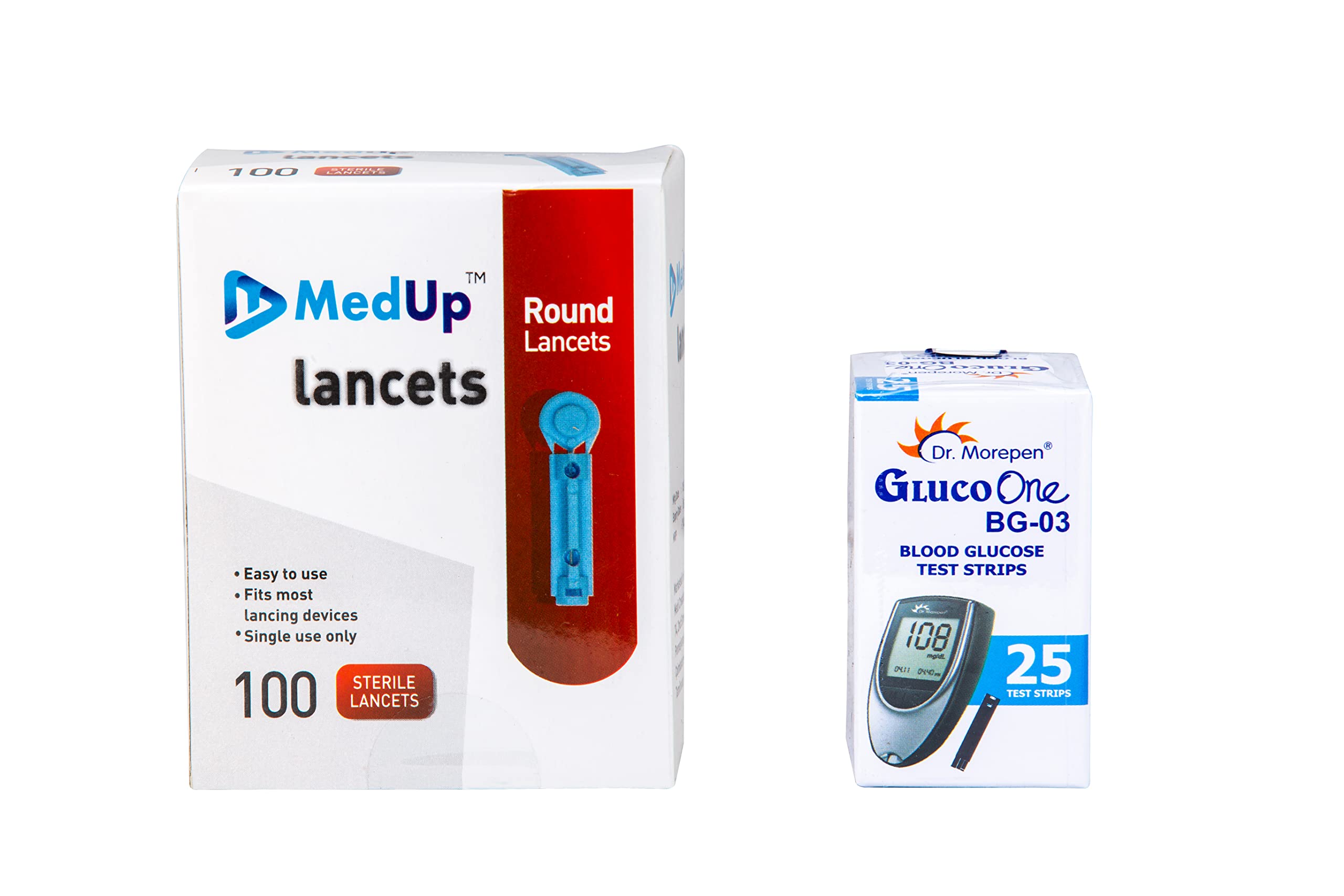 Round 100 Lancets with DR. MOREPEN BG-03 25 Test Strips Combo (No Glucometer), Blue