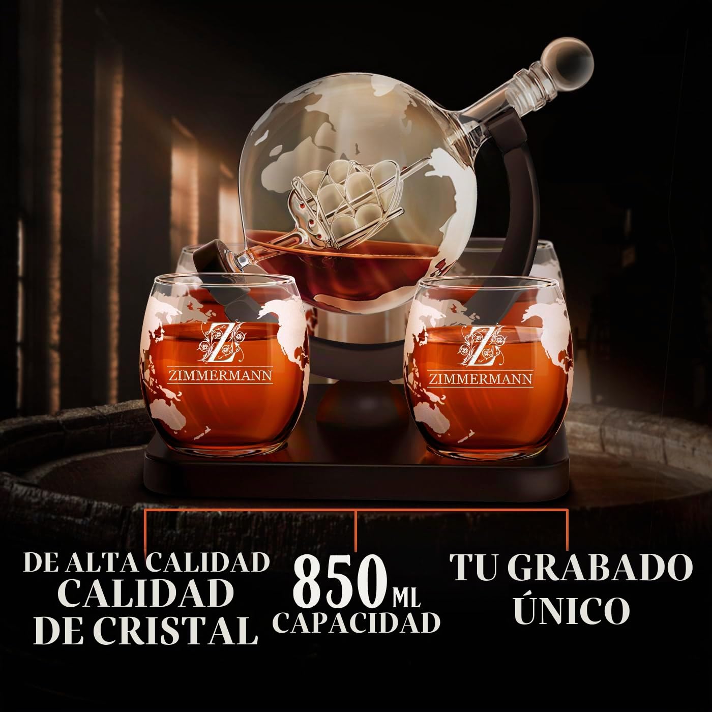 Maverton Decantador Globo - 4 Vasos Cristal Grabado 300 ml - Regalos Cumpleaños Elegantes- Regalos San Valentin Hombre - Barco Dentro 25x11 cm 850 ml