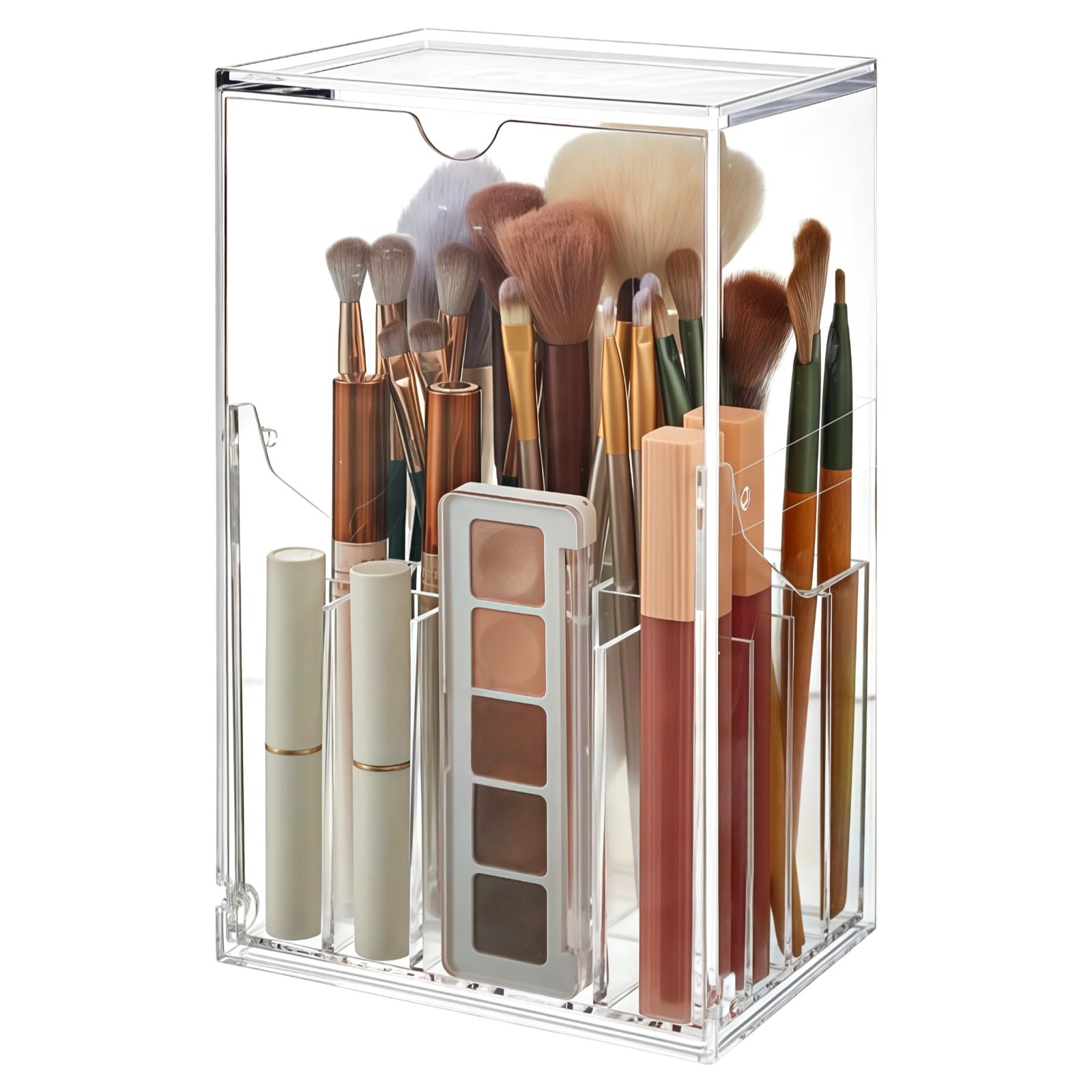 Porta pennelli da trucco in acrilico con coperchio, organizer trasparente per pennelli da trucco e cosmetici, scomparti multipli, grande capacità per pennelli, rossetti e altri oggetti