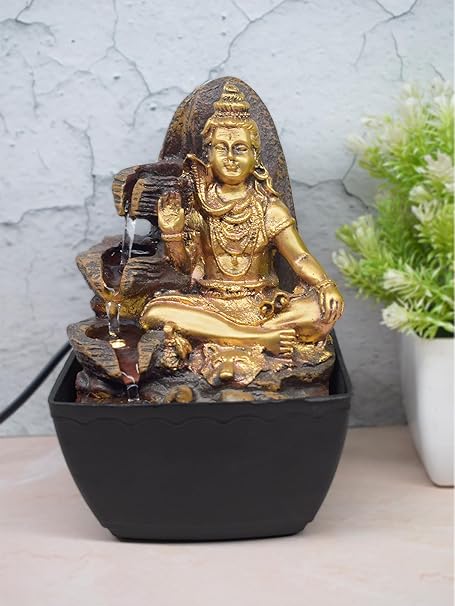 VIVARS Polyresin Lord Shiva Water Fountain with LED Lights for Pooja Room, Home Decor, and Gifting