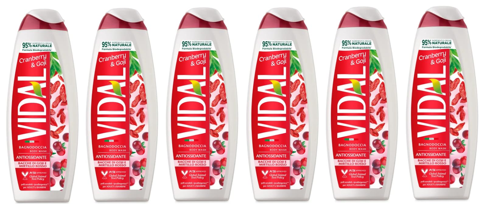 6er-Pack Vidal Körperwaschmittel Bagnodoccia Duschgel Bacche di Goji e Mirtillo Rosso,Duschschaum mit Goji-Beeren und Cranberry 500ml