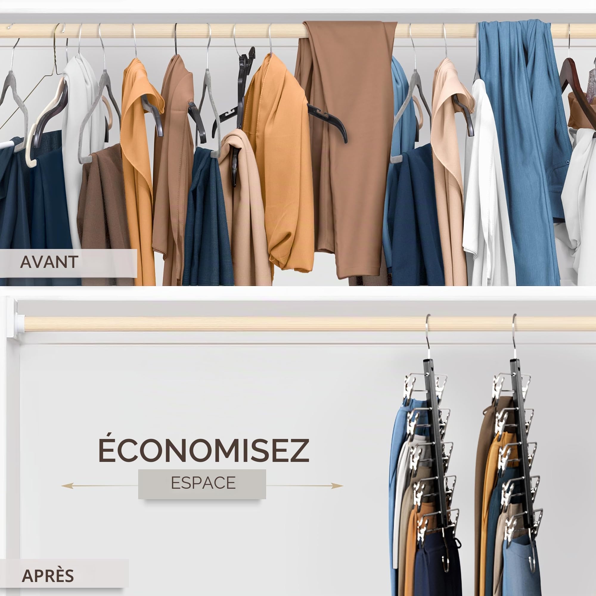 MORALVE Lot de 2 cintres à jupes avec clips pour économiser de l'espace – Cintre à 5 niveaux en hêtre européen pour shorts, jupes et pantalons – Organiseur de placard