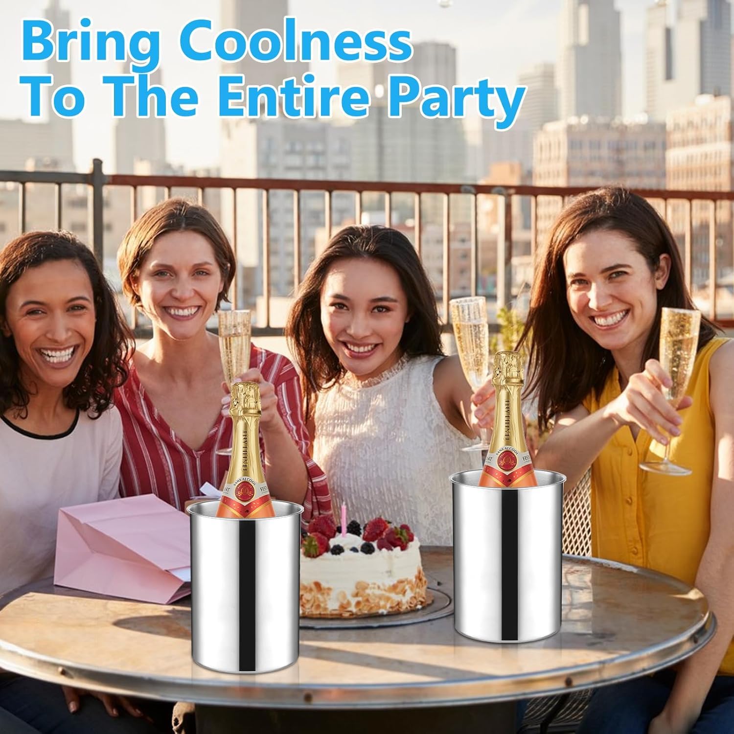 Juego de 6 cubiteras apilables de acero inoxidable grueso de 750 ml para vino, cerveza y champán, cubos de hielo de metal para fiestas, barbacoas y bares (18 cm de alto x 14,5 cm de ancho)