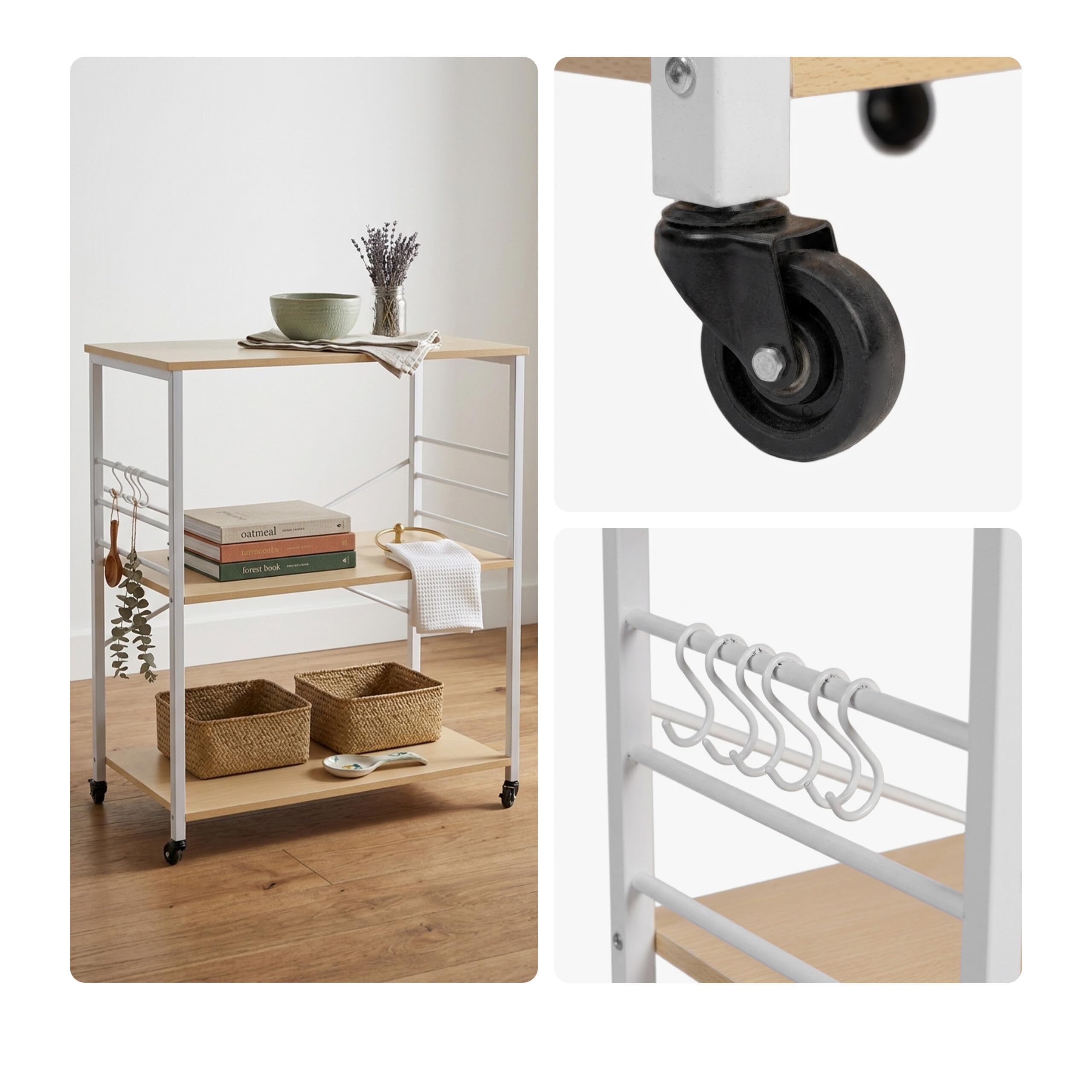 Relaxdays Carrello da Cucina, 3 Ripiani, 6 Ganci S, HxLxP: 89x80x40 cm, MDF & Acciaio, Naturale/Bianco