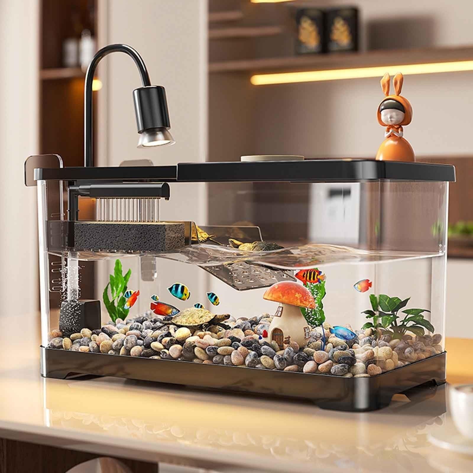 Turtle Fish Tank z platformą do wygrzewania się, akwarium dla młodych żółwi, wygodny dolny drenaż dla młodych żółwi, raków rzecznych, krabów, płazów i gadów (L) (M)