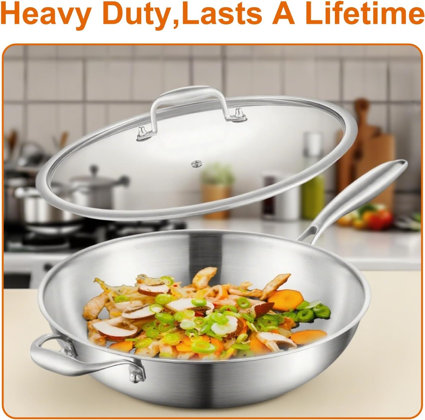 Sartén wok sin revestimiento para inducción 30 cm: 3 capas de acero inoxidable, sin PFOA, PTFE, con tapa y asas, apta para horno hasta 400 °C