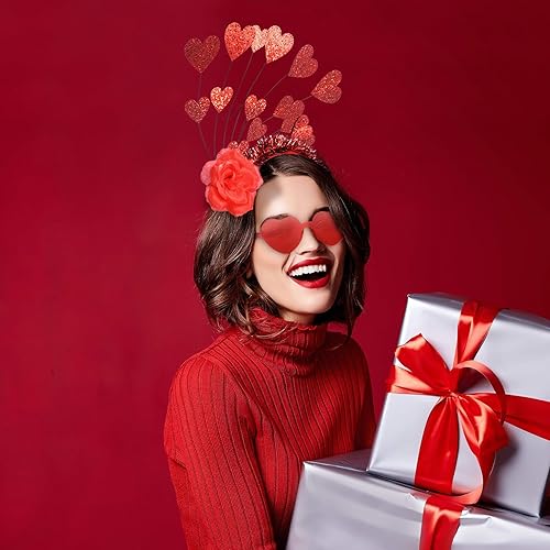 Miniatura 5 de Uderwarb Diadema de corazón y lentes de sol de corazón con corazones rojos con antena para el día de San Valentín